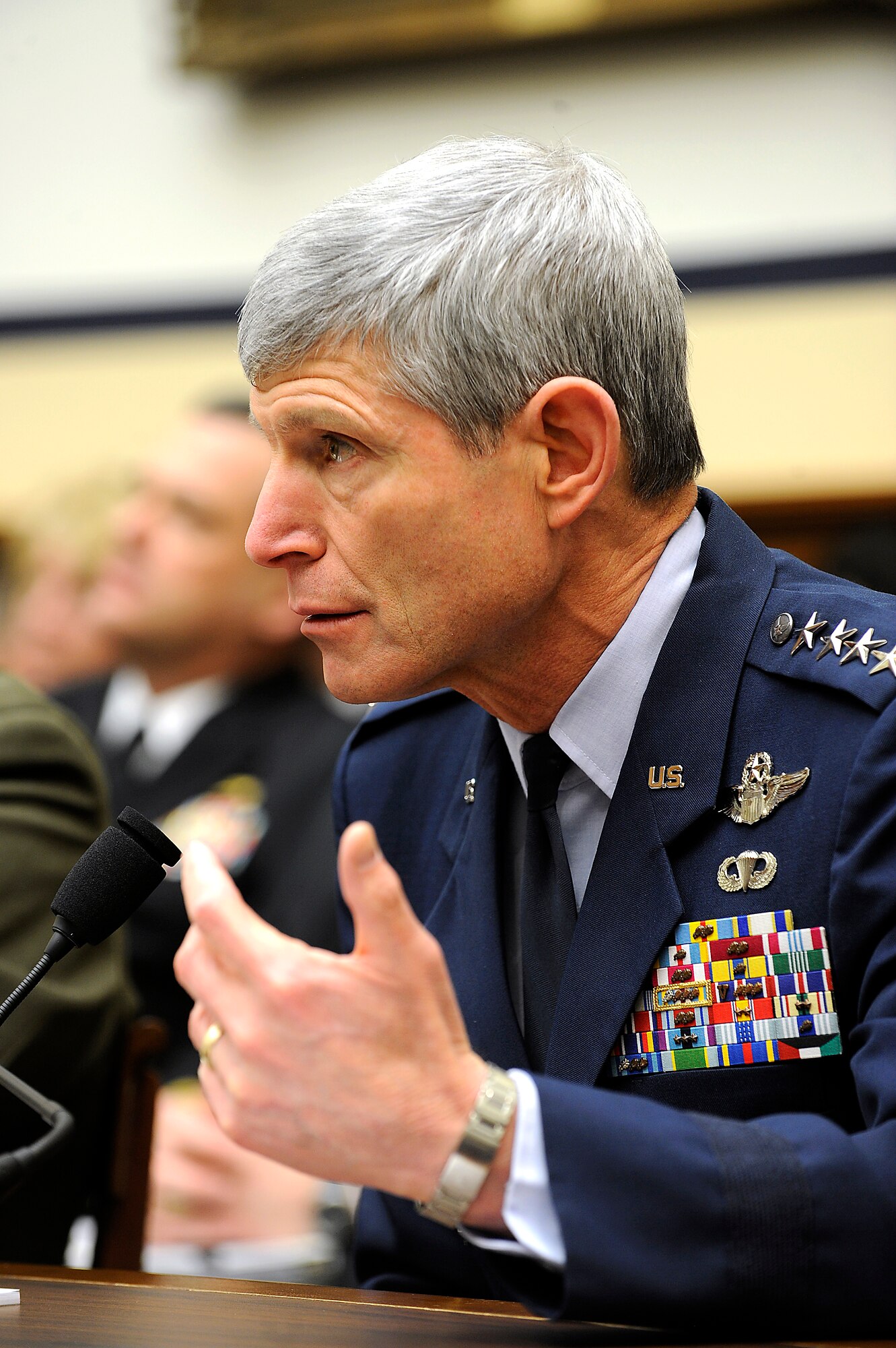 Air Force Chief of Staff Gen. Norton Schwartz answers a question during testimony before the House Armed Services Committee in Washington, D.C., on April 7, 2011.  General Schwartz provided the committee members the current status of Air Force implementation training for the repeal of the law commonly known as "Don't Ask-Don't Tell."  (U.S. Air Force photo/Scott M. Ash)

