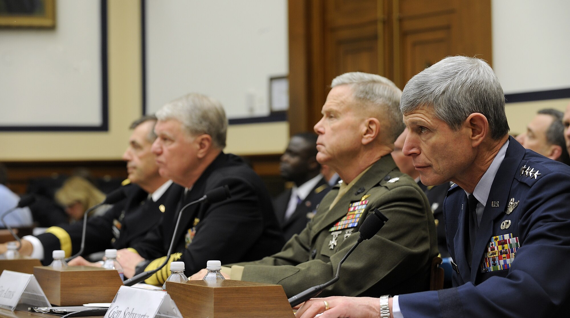 Air Force Chief of Staff Gen. Norton Schwartz (right) listens to a question during testimony before the House Armed Services Committee in Washington, D.C., on April 7, 2011.  General Schwartz was joined by (left to right) Army Vice Chief of Staff Gen. Peter Chiarelli, Chief of Naval Operations Adm. Gary Roughead, and Marine Corps Commandant Gen. James Amos.  (U.S. Air Force photo/Scott M. Ash)
