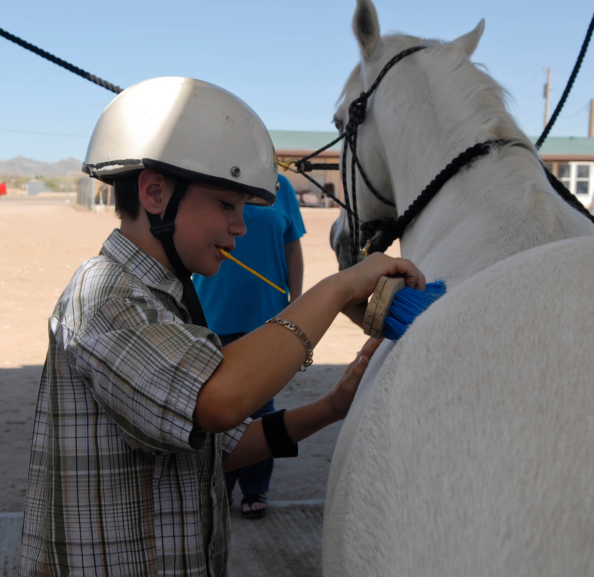 Cody, 11, brushes and grooms a horse April 3, 2011 during the Hearts Apart event at Sunset Ranch in Buckeye, Ariz. (U.S. Air Force photo by Senior Airman Darlene Seltmann)