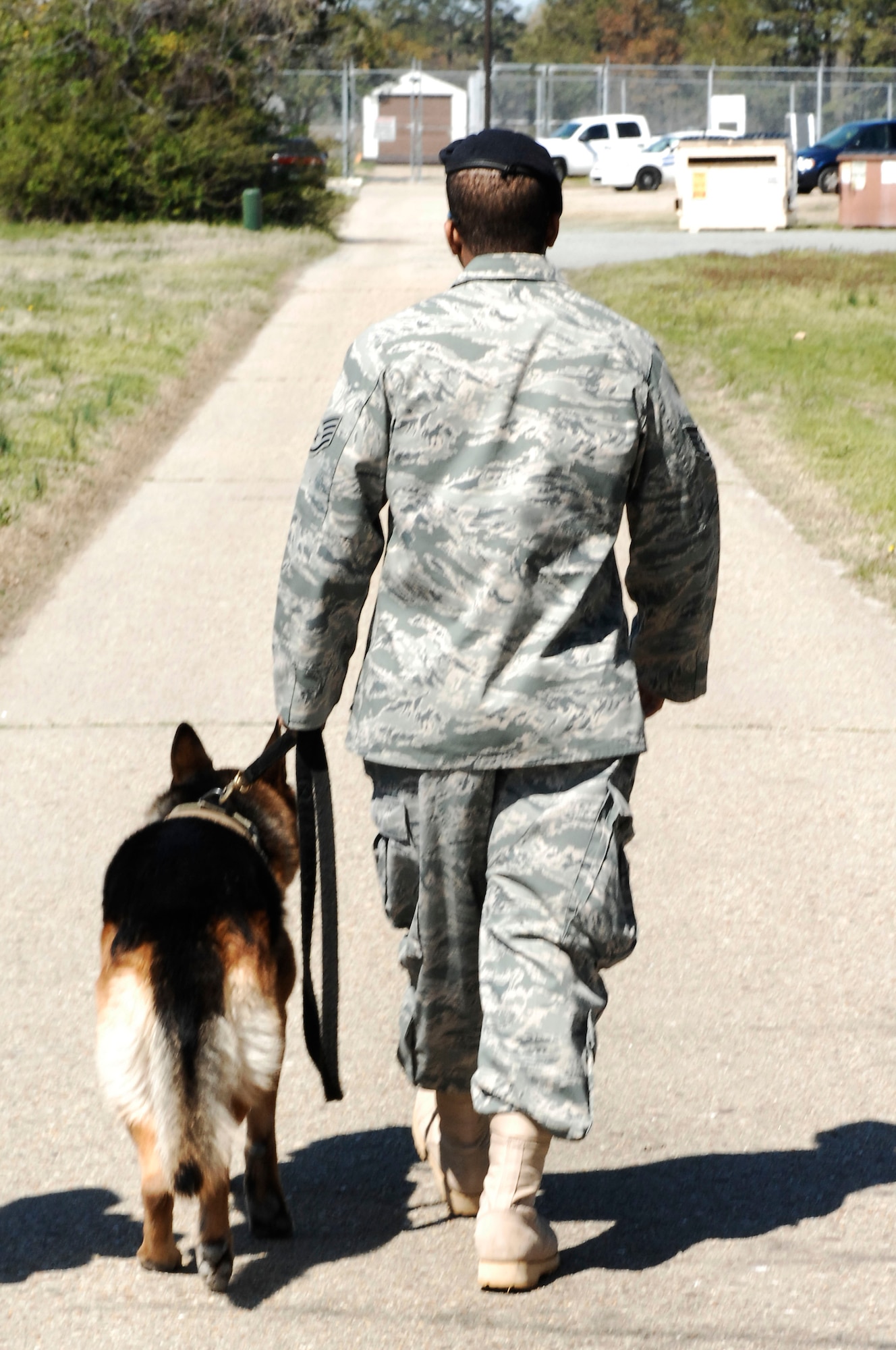 Staff Sgt. Jonathan Bourgeois, 633d Security Forces squadron military working dog trainer, walks Drak, military working dog, towards the training area for the dogs at Langley Air Force Base, Va., April 6, 2011. Langley AFB dog handlers conduct validation training with their military working dogs in order to evaluate the dog’s ability to patrol and detect threats while also protecting service members from hazards in the field. (U.S. Air Force photo by Airman 1st Kayla Newman/Released)