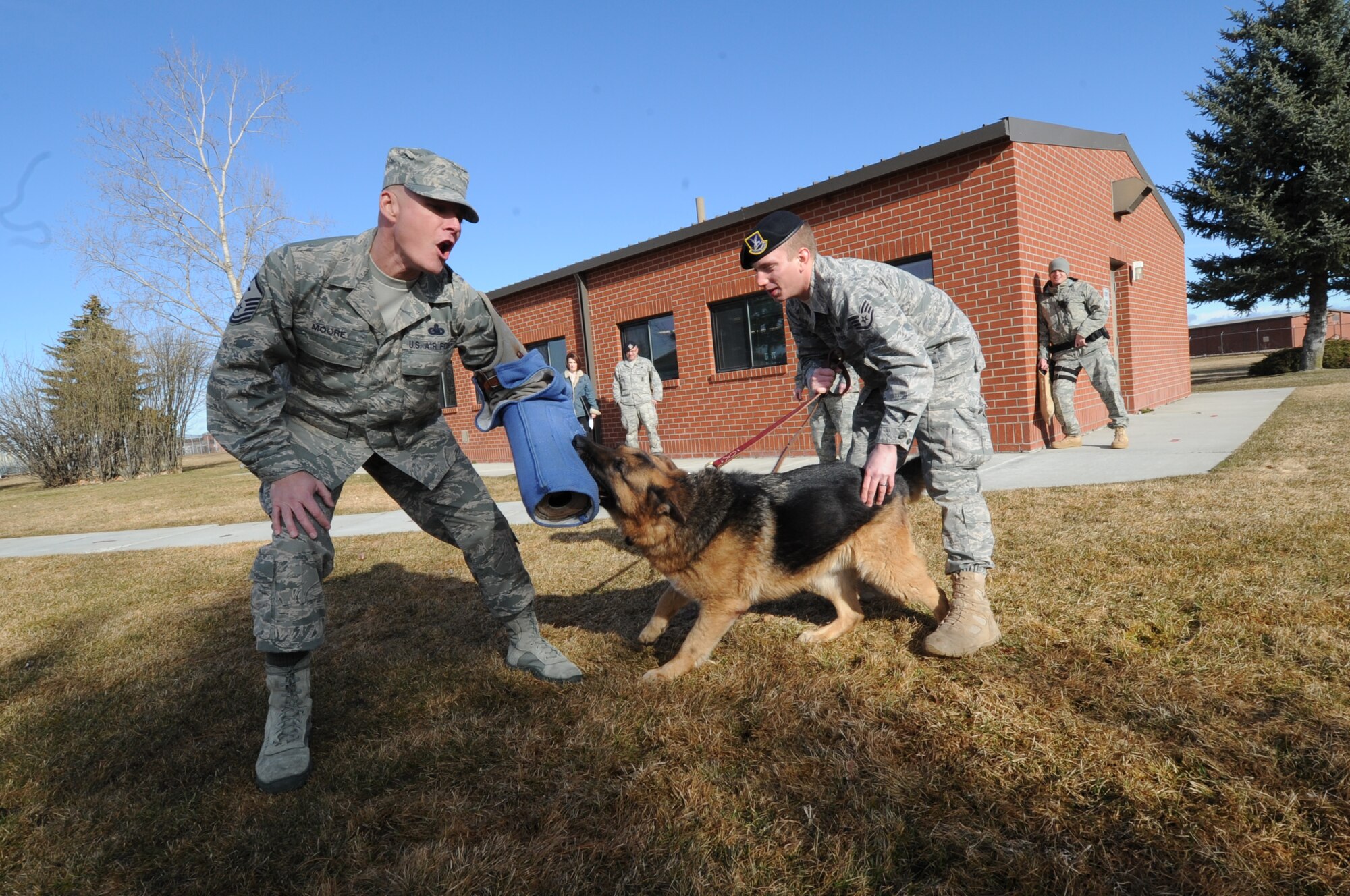 Master Sgt. Michael Moore Jr. (left), first sergeant for the 92nd Security Forces Squadron, meets with a military working dog handler and dog during operations at his squadron at Fairchild Air Force Base, Wash., in 2010. On April 1, 2011, Sergeant Moore was named the 2010 Air Mobility Command First Sergeant of the Year. (U.S. Air Force Photo)

