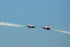 The U.S. Air Force Thunderbirds perform a basic maneuver during a local familiarization flight April 6, at Joint Base Charleston, S.C. In their 58th season of flying, the Thunderbirds were selected to be the highlight of Joint Base Charleston's 2011 Air Expo. (U.S. Air Force photo/Airman 1st Class Ian Hoachlander)