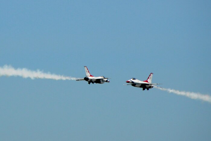 The U.S. Air Force Thunderbirds perform a basic maneuver during a local familiarization flight April 6, at Joint Base Charleston, S.C. In their 58th season of flying, the Thunderbirds were selected to be the highlight of Joint Base Charleston's 2011 Air Expo. (U.S. Air Force photo/Airman 1st Class Ian Hoachlander)