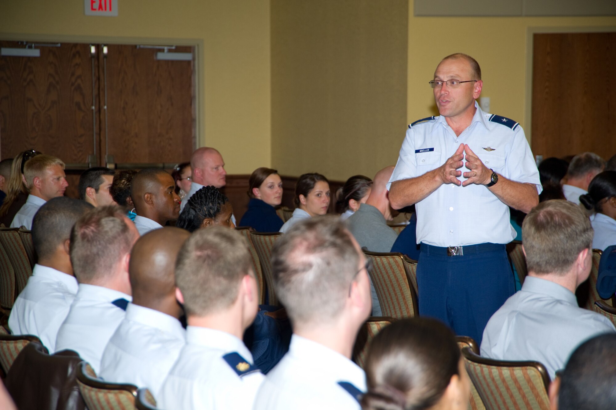 Brig. Gen. Andrew Mueller, 81st Training Wing commander, addresses the audience about the importance of the Air Force Assistance Fund campaign at the official kickoff at the Bay Breeze Event Center before Monday’s promotion ceremony.  As of Monday, $8,488 has been pledged toward Keesler’s 2011 goal of $83,109.  (U.S. Air Force photo by Adam Bond)