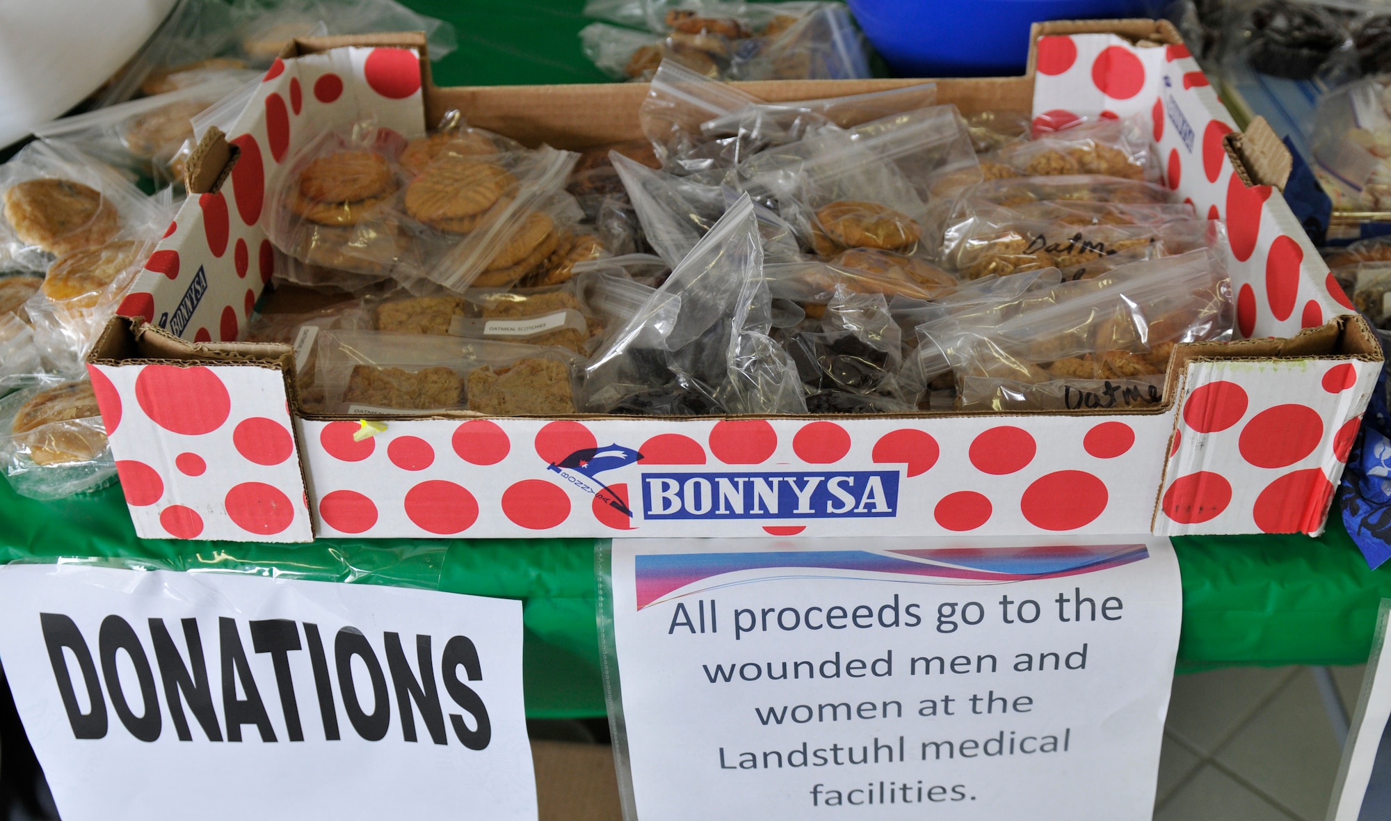 SPANGDAHLEM AIR BASE, Germany—Baked goods were sold to raise money for wounded service members at the post office here Apr. 4.  All proceeds go to the wounded and ill service members at Landstuhl Regional Medical Center. They are sent there to receive care and recover from their injuries after being evacuated from overseas contingency operations. (U.S. Air Force photo/Airman 1st Class Brittney Frees)