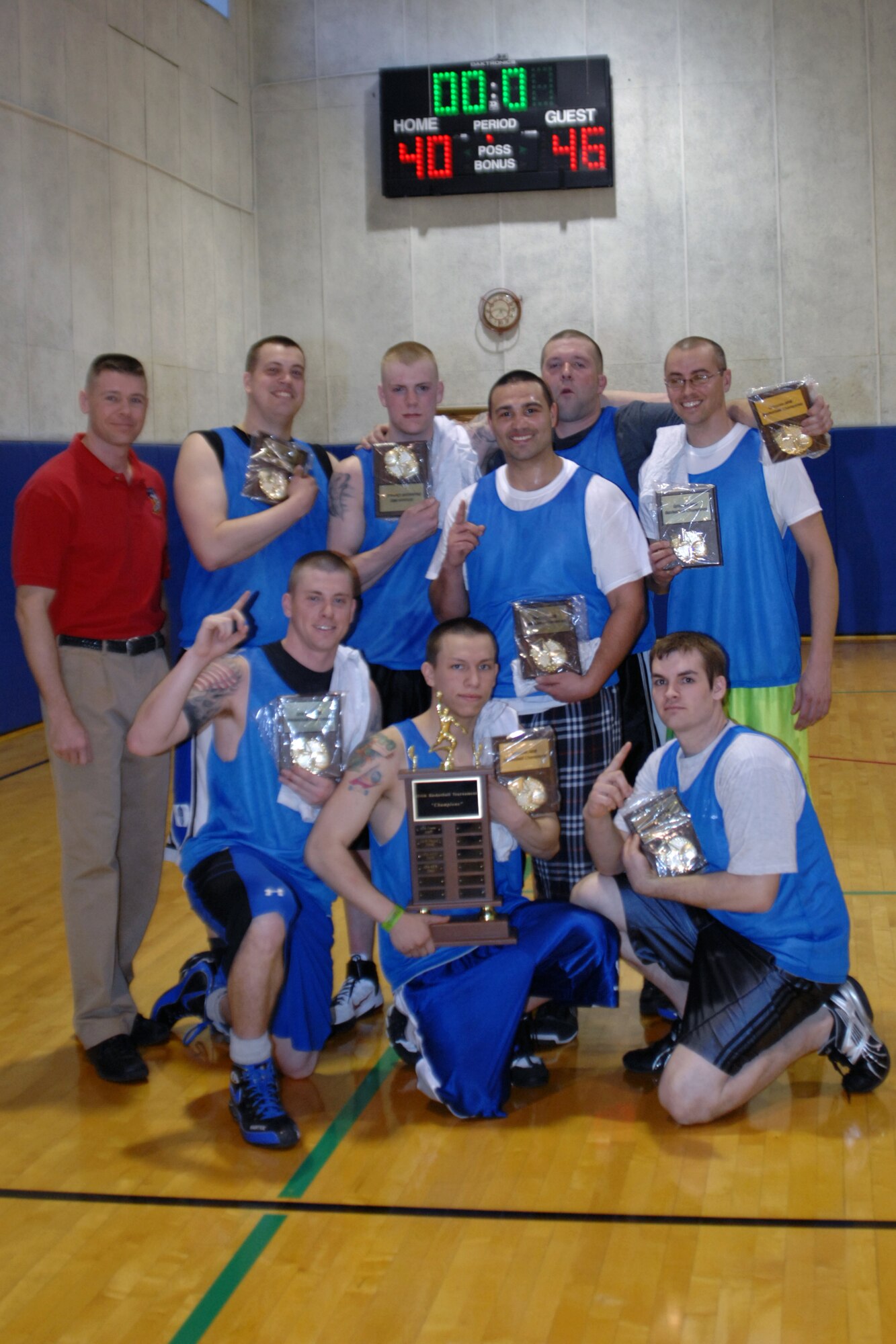 GRISSOM AIR RESERVE BASE, Ind.  -- The 434th Seasoning Training Flight won the Grissom's annual basketball tournament, beating the Marines 46-40 in the finals of the double-elimination tournament. The team, front row left to right, Derek Bartee, Michael Santiago, and Lance Chase; second row from the left,  Paul Tomlinson, Jack Brooks, Travis Helton, Lamar Woods, Jeremy Ellert, and Bryan Sevrence. (U.S. Air Force photo/Tech. Sgt. Douglas Hays)