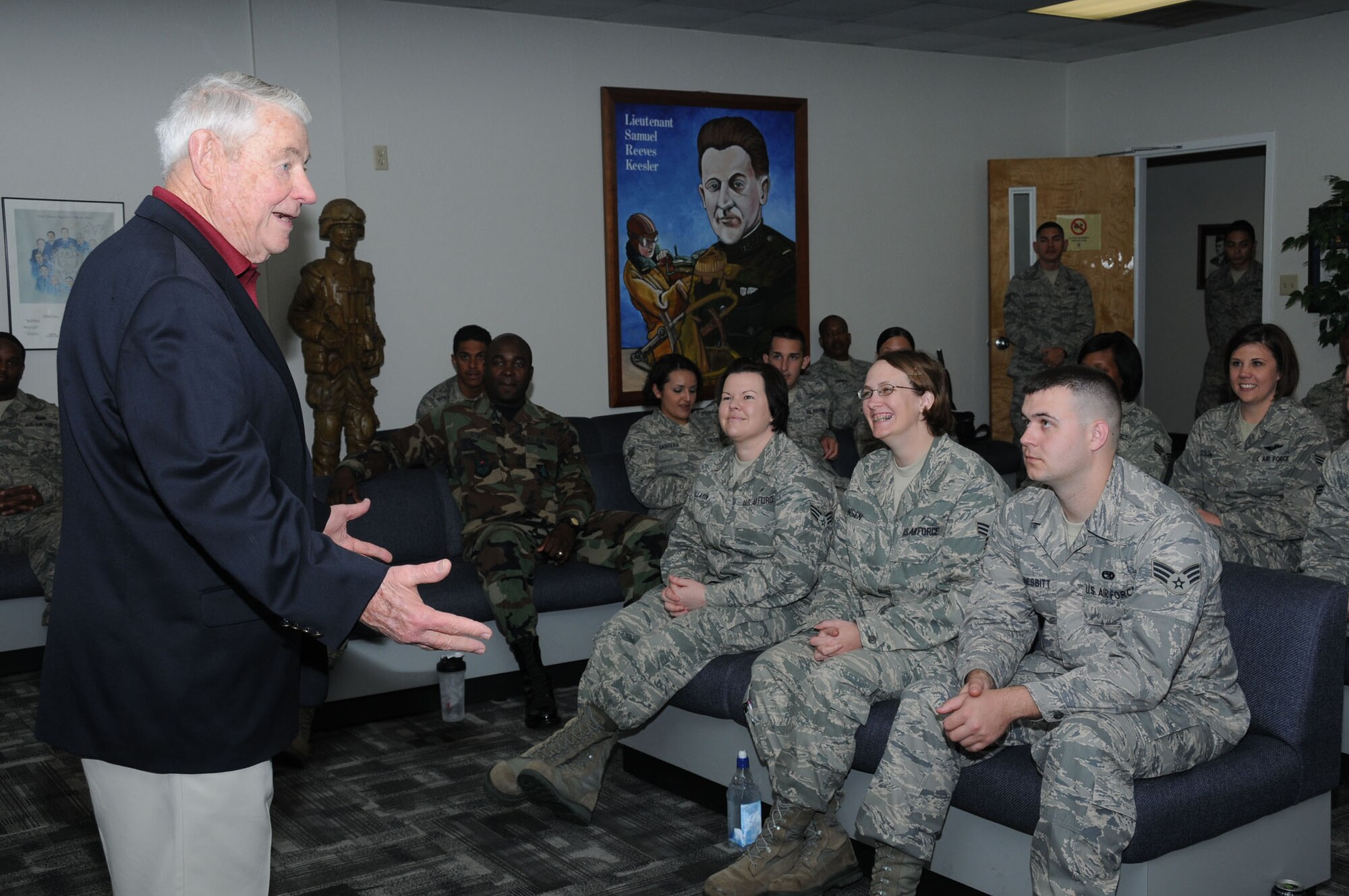 The fifth chief master sergeant of the Air Force, Robert Gaylor, speaks to a group of
students in the newly renovated Heritage Room at the Airman Leadership School, 
March 30. He brought his entertaining, poignant message of professionalism in
leaderhip as the guest speaker at both the ALS graduation that evening and the Mathies NCO Academy graduation March 31.  (U.S. Air Force photo by Kemberly Groue)