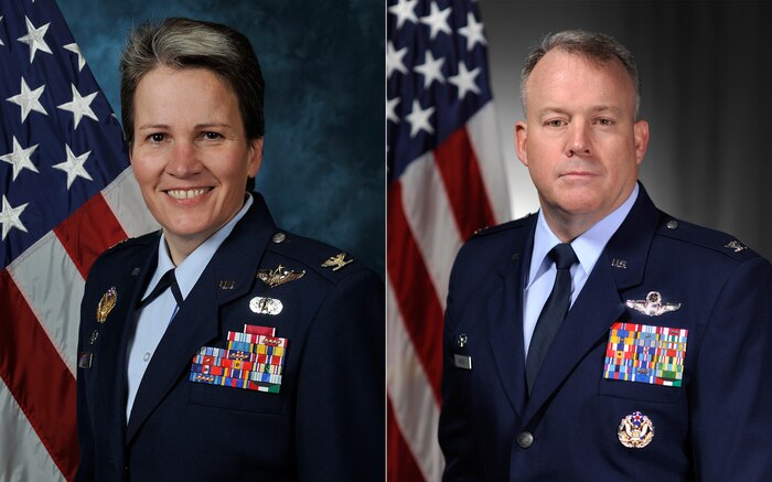 Col. Martha Meeker, 628th Joint Base Charleston commander, and Col. Erik Hansen, 437th Airlift Wing commander 