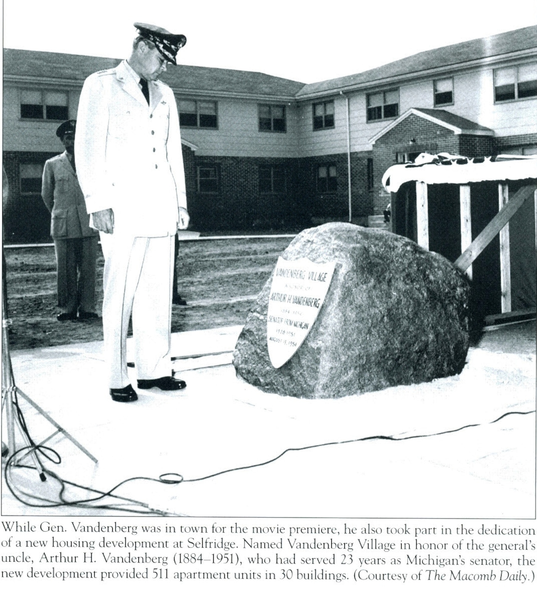 Gen. Hoyt S. Vandenberg, the second chief of staff of the U.S. Air Force, is seen in this photo taken from a 1951 newspaper clipping. Vandenberg was at what is now known as Selfridge Air National Guard Base for the dedication of a new base housing area that had been named in honor of the general’s uncle, U.S. Sen. Arthur H. Vandenberg. There is also a building on the base named in honor of Gen. Vandenberg. (Selfridge Military Air Museum collection)