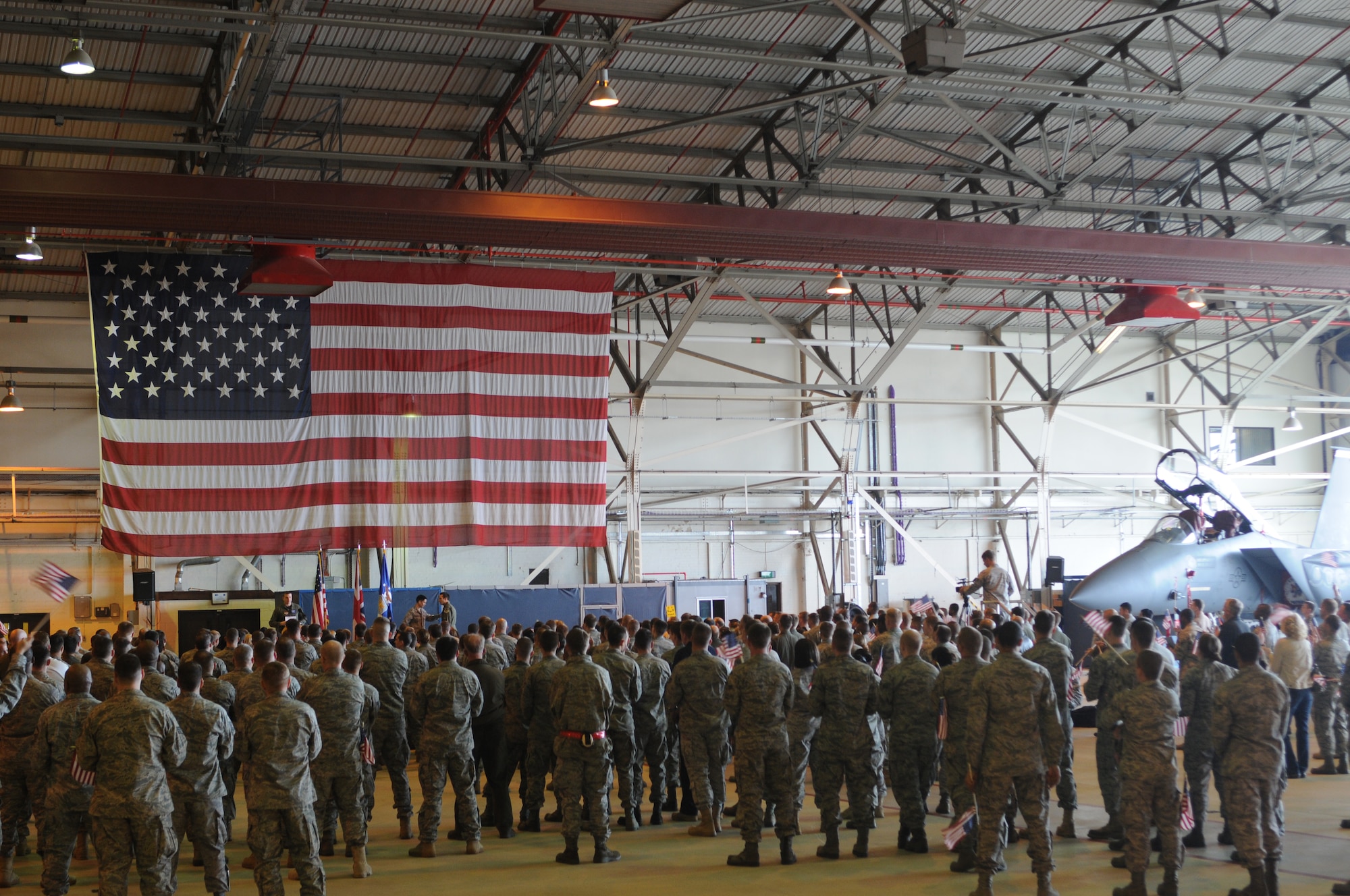 ROYAL AIR FORCE LAKENHEATH, England -- Liberty Warriors welcome home Maj. Kenneth Harney, 494th Fighter Squadron pilot, and Capt. Tyler Stark, 494th FS weapons system officer, during a Yellow Ribbon ceremony at RAF Lakenheath on March 29, 2011.  The 48th FW provides all-weather, day or night air superiority and air-to-ground precision combat capability as well as combat search and rescue capabilities.  (U.S. Air Force photo by Airman Cory Payne/Released)