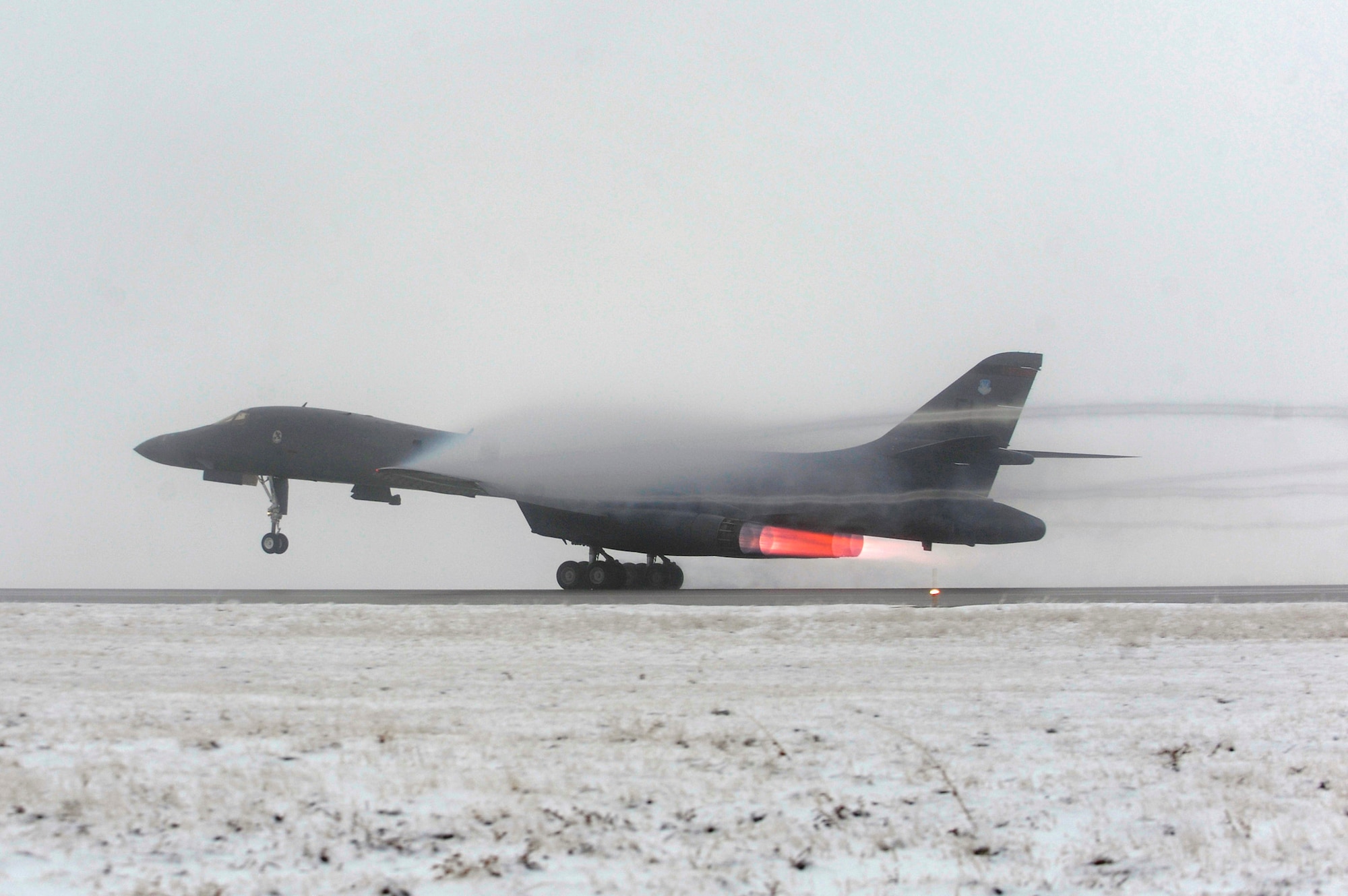 A B-1B Lancer takes off from Ellsworth Air Force Base, S.D., March 27, 2011, on a mission in support of Operation Odyssey Dawn. (U.S. Air Force photo/Staff Sgt. Marc I. Lane)
