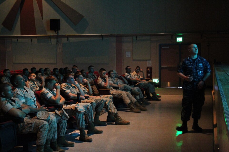 Petty Officer 2nd Class Joshua Bellavia, presented the dangers of internet addiction and tobacco cessation at Twentynine Palms Active Duty and Base Employee Health Fair at the Combat Center’s Sunset Cinema April 8, 2011.