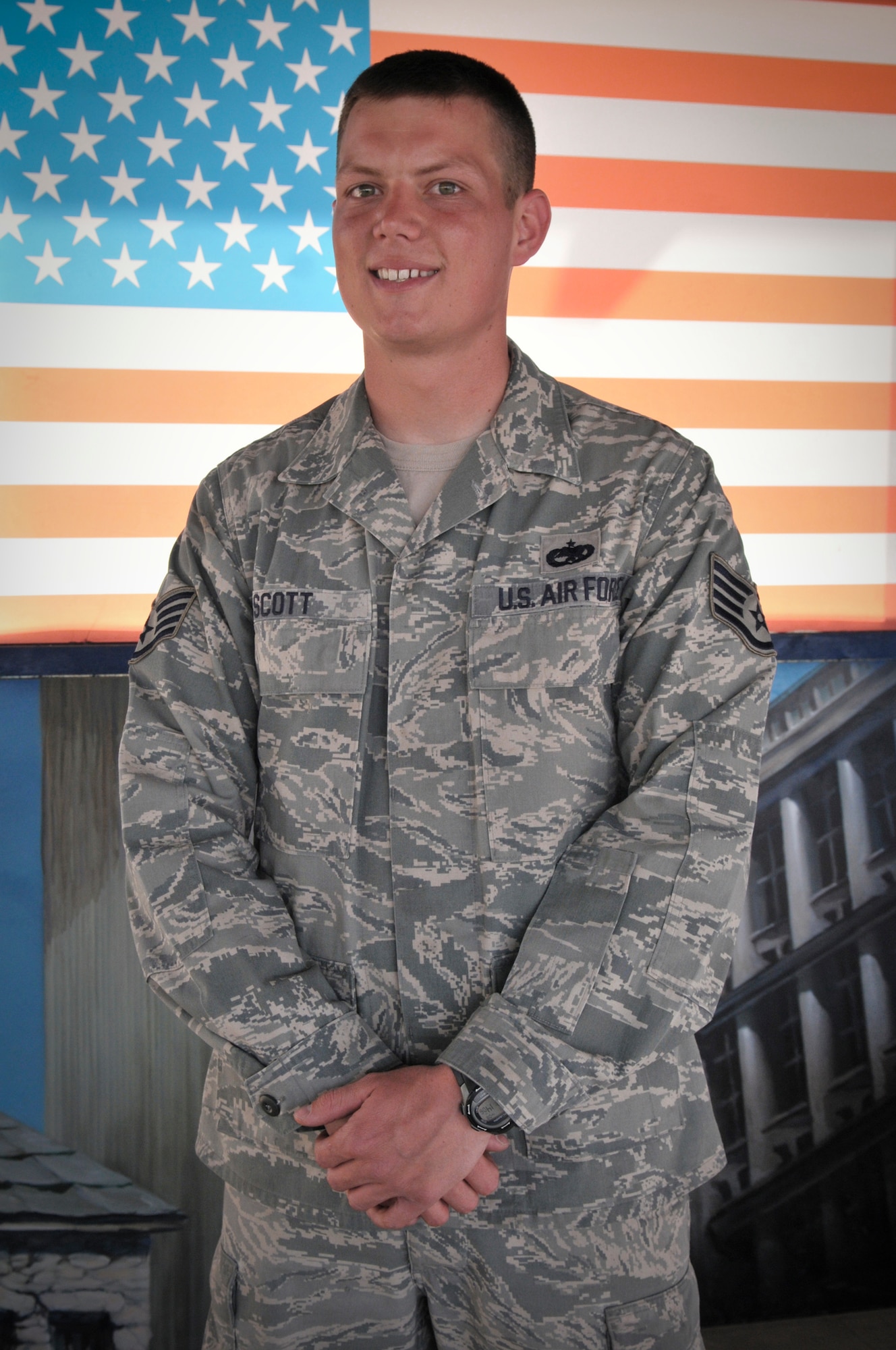 TRANSIT CENTER AT MANAS, Kyrgyzstan - Meet the Warrior of the Week, Staff Sgt. Joshua Scott, a 376th EAMXS Instrument Flight Control Systems Craftsman deployed from 92nd AMXS, Fairchild AFB, WA. He hails from Lebanon, Oregon. (U.S. Air Force photo/Staff Sgt. Stacy Moless)

