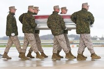 A U.S. Marine Corps carry team transfers the remains of Marine Staff Sgt. Jeremy D. Smith, of Arlington, Texas, at Dover Air Force Base, Del., April 8, 2011. Smith was assigned to the 1st Battalion, 23rd Marine Regiment, 4th Marine Division, Marine Forces Reserve, based out of Houston, Texas. (U.S. Air Force photo/Roland Balik)