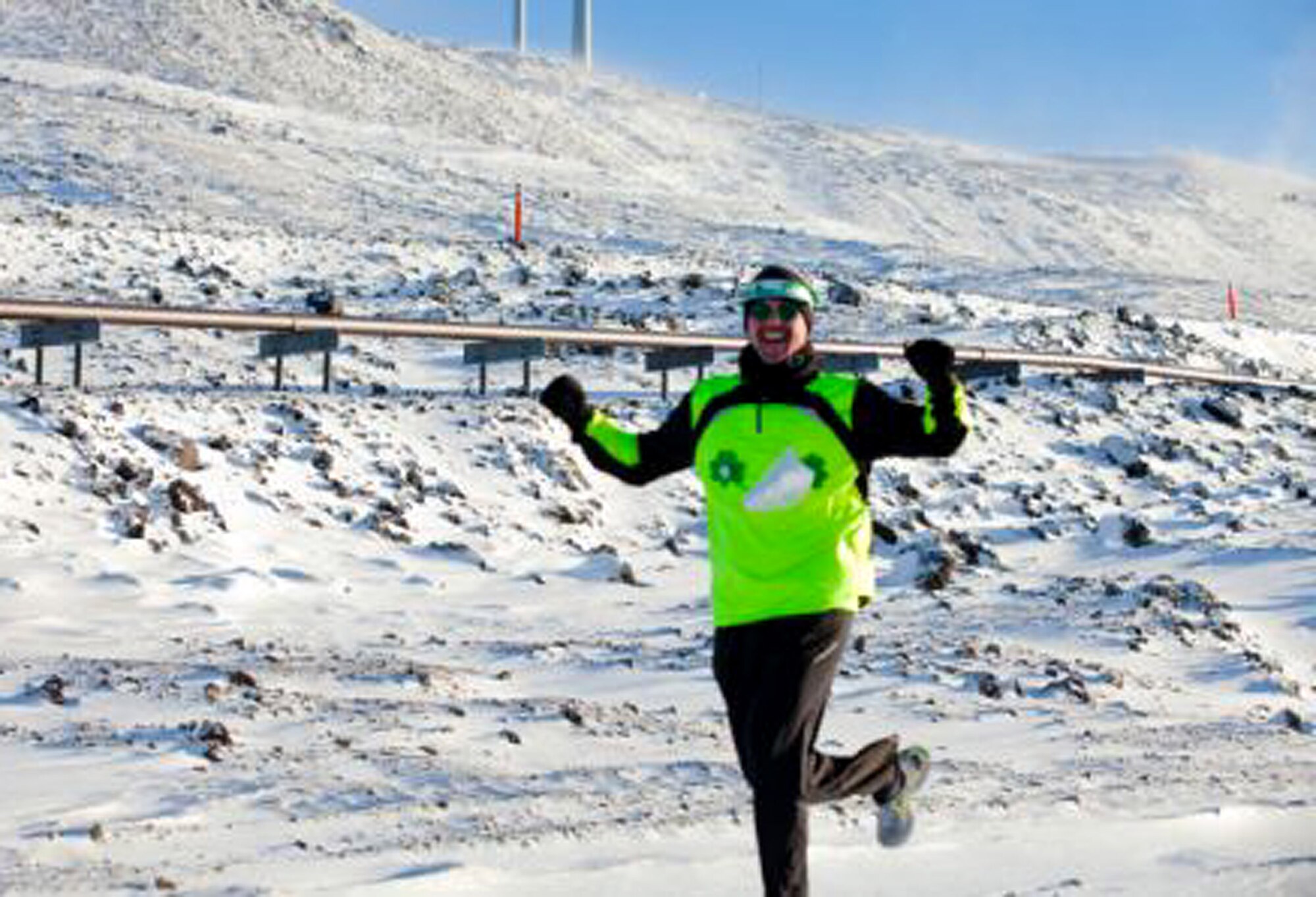 Chief Master Sgt. Michael Beck competes in the St. Patrick's Day race, the "Shamrock Shuffle," during his tour of duty at McMurdo Station, Antarctica. The Fire Chief with the 349th Civil Engineer Squadron here, he volunteered for an eight-month rotation to support operations at the remote station. McMurdo is a U.S. Antarctic research center on the southern tip of Ross Island, on the shore of McMurdo Sound. Read more of the story in next month's issue of Contact magazine. (Courtesy photo)