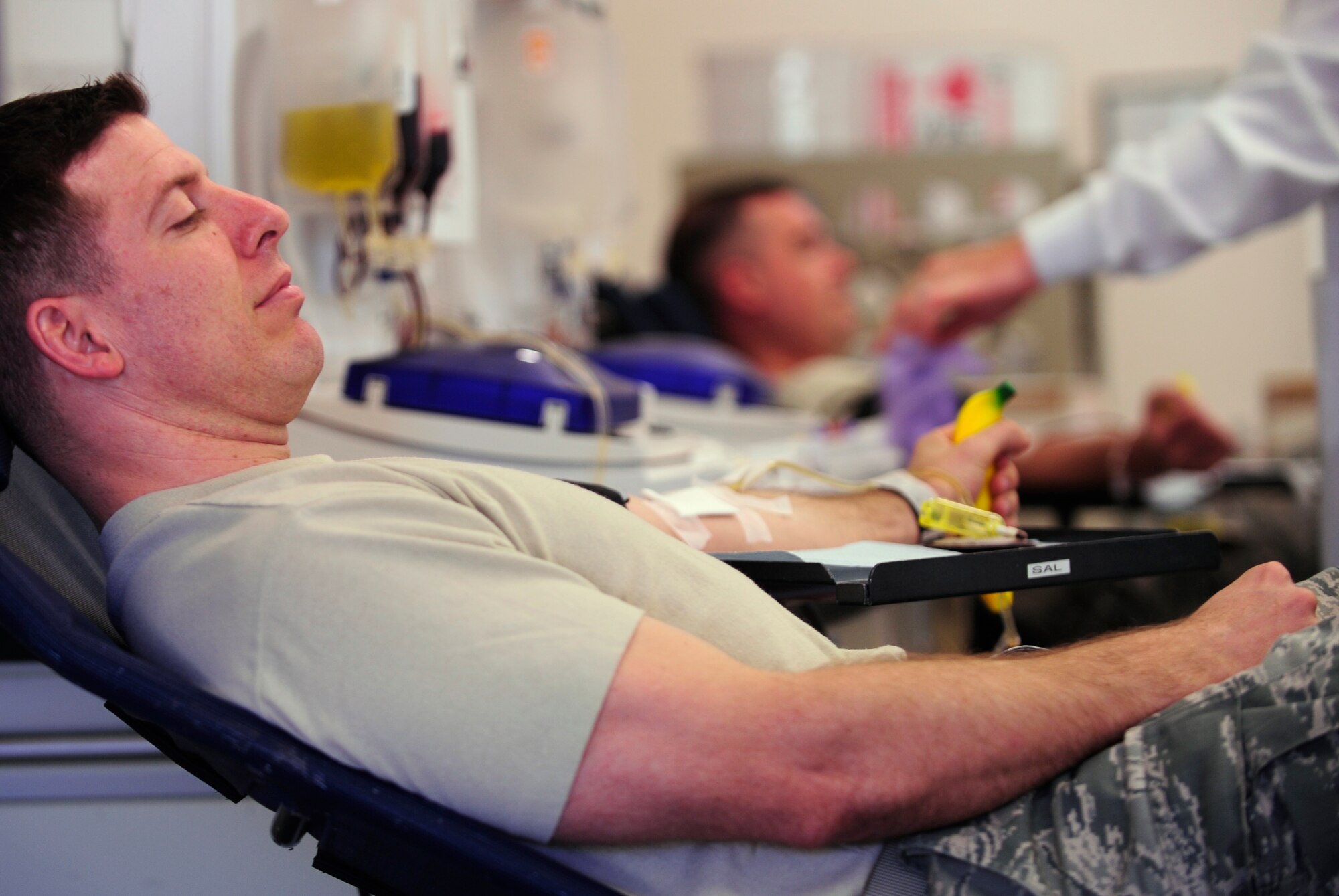VANDENBERG AIR FORCE BASE, Calif. -- Tech. Sgt. Shane Peck, a 614th Space Communications Squadron member, donates blood at the education center here Wednesday, April 6, 2011.  The base collected over 36 units of blood for the United Blood Service serving the Ventura and Santa Barbara counties. (U.S. Air Force  photo/Staff Sgt. Andrew Satran) 



 