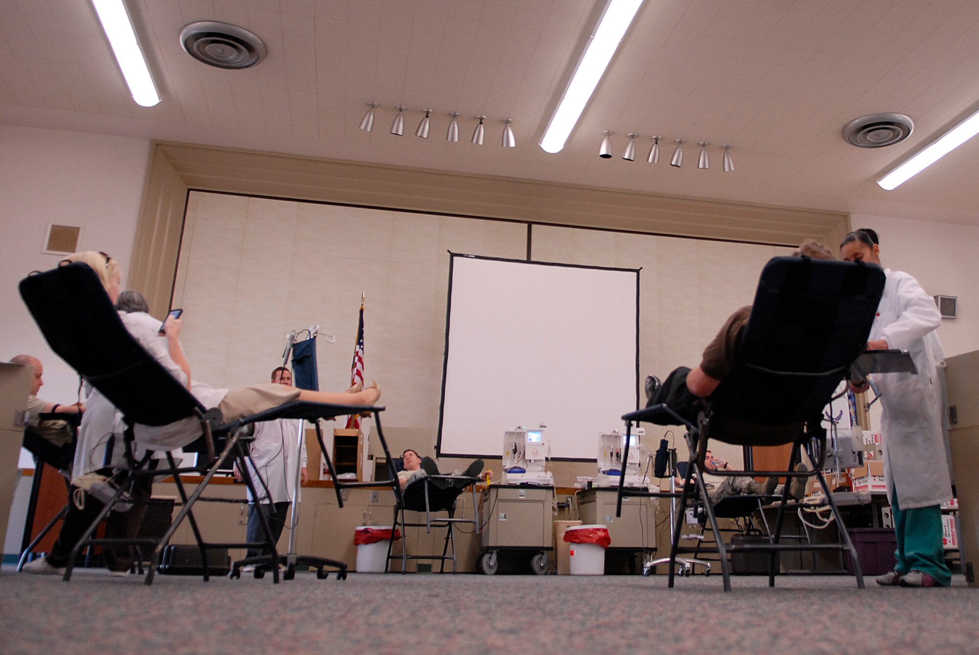 VANDENBERG AIR FORCE BASE, Calif. -- Members from Team V donate blood for
the United Blood Service at the education center here Wednesday, April 6, 2011. Thirty-six volunteers donated blood during the event.  (U.S. Air Force photo/Staff Sgt. Andrew Satran) 


  