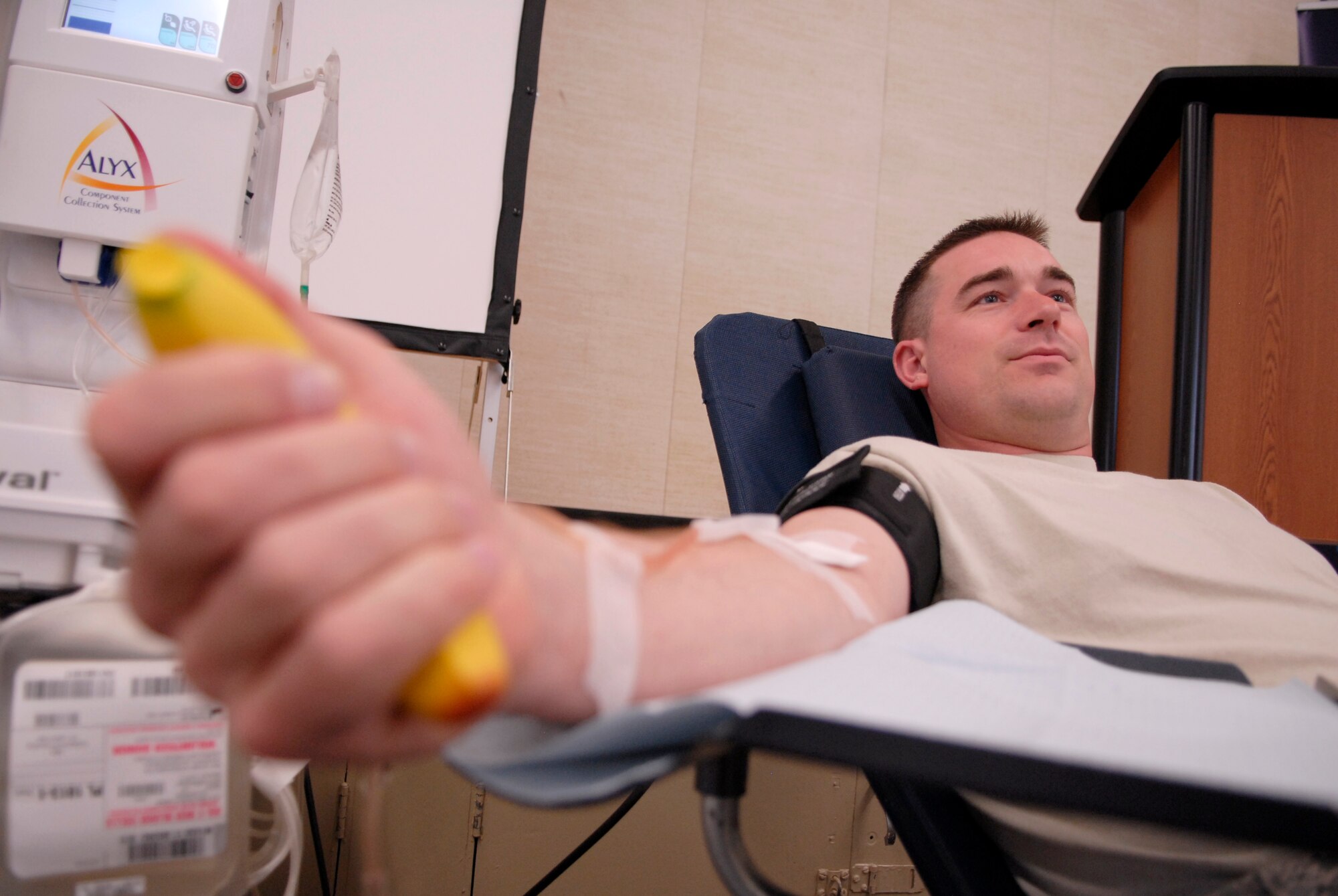 VANDENBERG AIR FORCE BASE, Calif. -- Master Sgt. Richard Zorowitz, a 576th Flight Test Squadron NCO in charge of quality assurance, donates blood at the education center here Wednesday, April 6, 2011.  The base held the blood donation for the United Blood Service and collected over 36 units of blood. (U.S. Air Force photo/Staff Sgt. Andrew Satran)
 