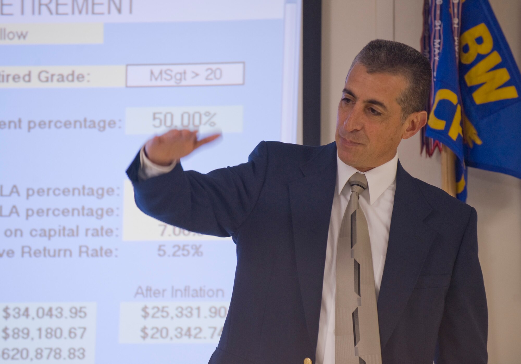 Retired Chief Master Sgt. Larry Gonzales explains inflation to Barksdale Airmen while discussing the benefits of military retirement at Barksdale Air Force Base, La., April 6. Mr. Gonzales served 30 years on active duty and was the financial management career field manager. (U.S. Air Force photo/Senior Airman Chad Warren)