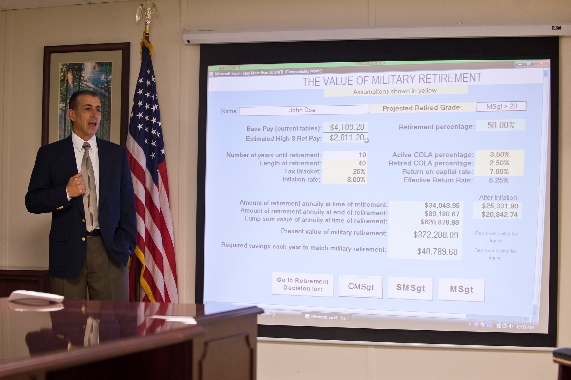 Retired Chief Master Sgt. Larry Gonzales speaks to Barksdale Airmen about the benefits of military retirement at Barksdale Air Force Base, La., April 6. Mr. Gonzales served 30 years on active duty and was the financial management career field manager. (U.S. Air Force photo/Senior Airman Chad Warren)