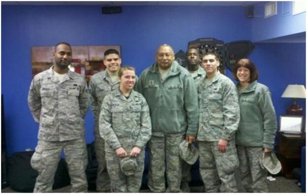 The 735th SCOG Dorm Council poses with the AFGLSC Commander and the AFGLSC Command Chief. Left to right are Senior Airman Segel Burgess, Senior Airman Ethan Gilkey, Airman 1st Class Shawney Hubiak, Maj. Gen. Gary T. McCoy, Airman 1st Class Curtis Duckworth, Airman 1st Class William Navarro and Chief Master Sgt.Cynthia M. Solomito. (Courtesy photo)