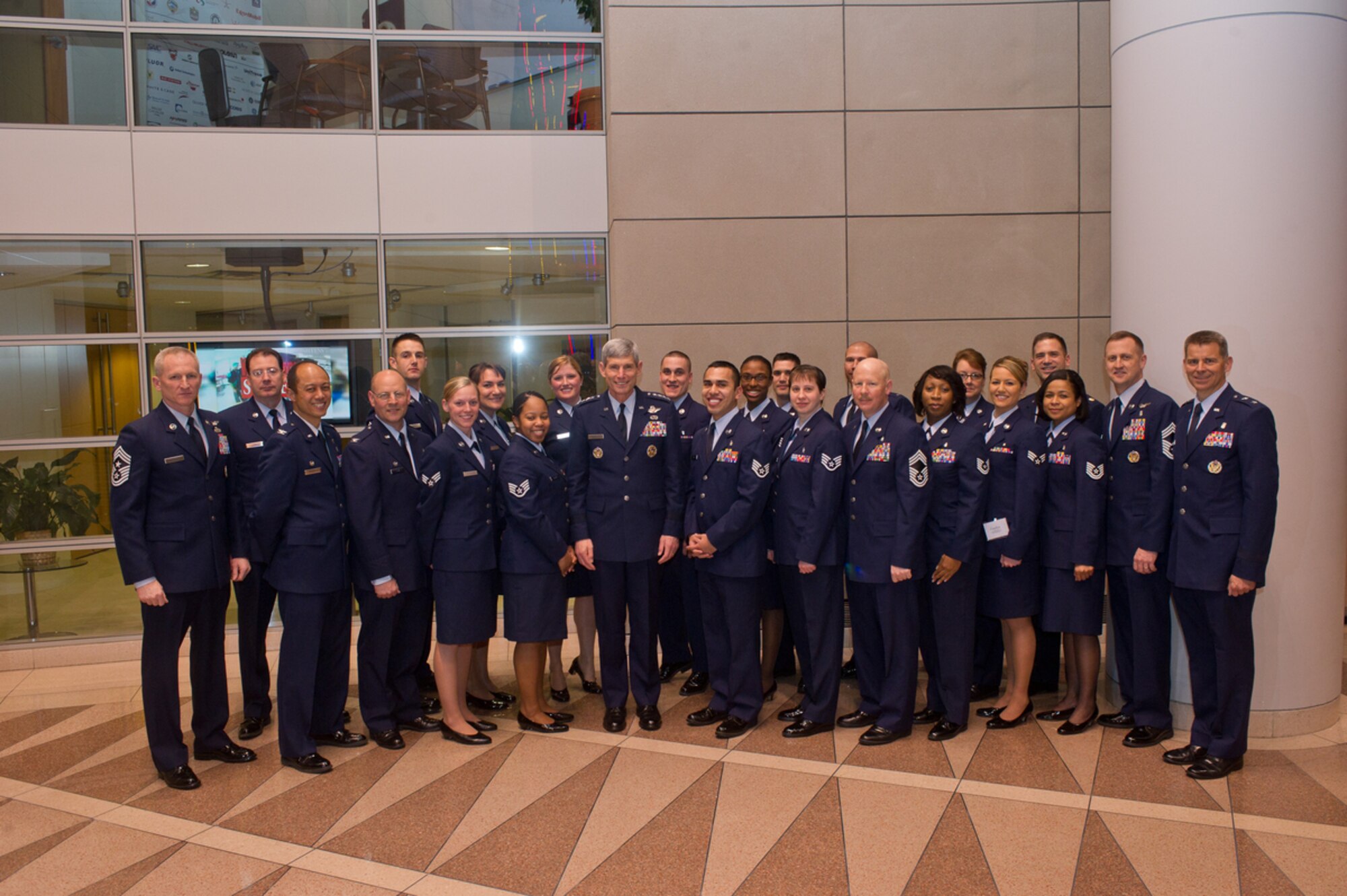 Air Force Chief of Staff Gen. Norton Schwartz, center, stands alongside Air Force Medical Service active duty, Reserve and Guard medics at the Armed Services YMCA's 5th Annual Angels of the Battlefield Gala at the Ronald Reagan Building and International Trade Center, Washington, D.C., March 31, 2011. (Courtesy photo by John Harrington)
