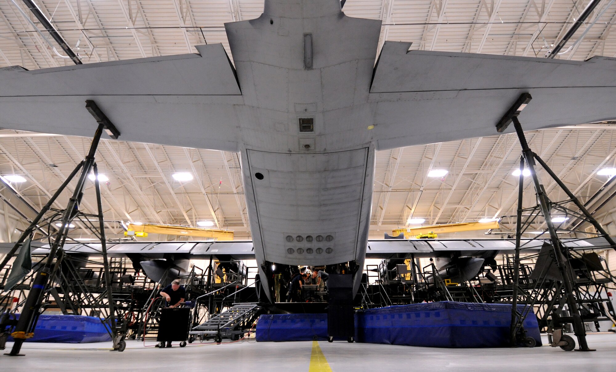 MOODY AIR FORCE BASE, Ga.-- An HC-130P Combat King sits on aircraft jacks as engineers and technicians develop the Air Combat Command’s first loadmaster crashworthy seat April 7. Once the seat is tested and approved, it will be placed into the rest of the HC-130P aircraft fleet. (U.S. Air Force photo/Airman 1st Class Benjamin Wiseman)(RELEASED)