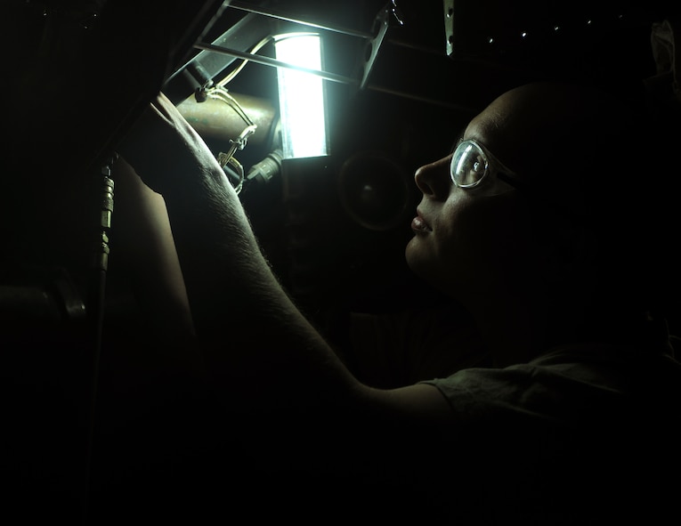 Senior Airman Caleb Powell, 23rd Equipment Maintenance Squadron sheet metal, performs a beam repair on an HC-130P Combat King during routine maintenance at Moody Air Force Base, Ga., April 7. Members of the 23rd EMS worked together to accomplish the repairs to the aircraft in a timely but thorough manner. (U.S. Air Force photo/Airman 1st Class Benjamin Wiseman)(RELEASED)