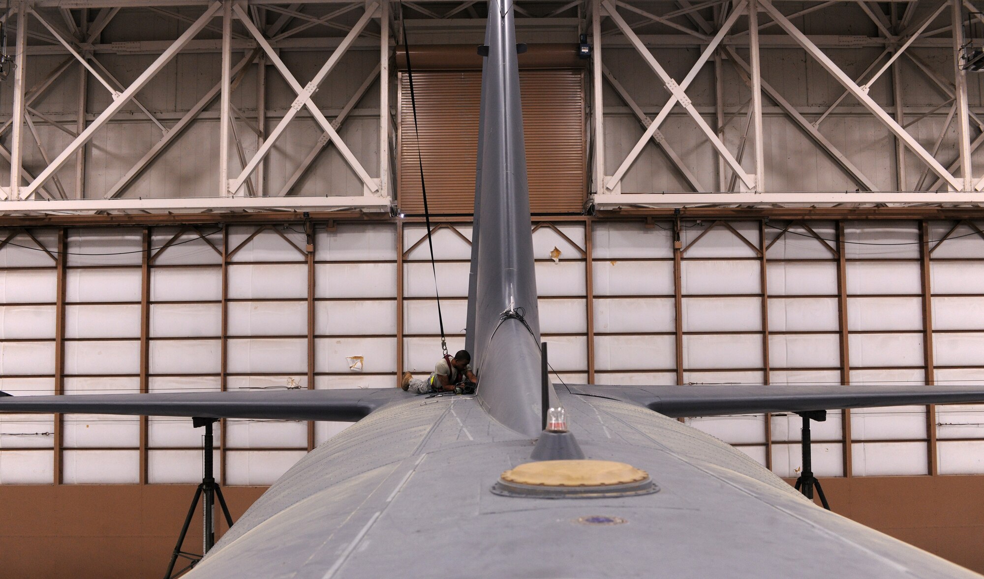Staff Sgt. Ronald Golden, 23rd Equipment Maintenance Squadron sheet metal, repairs an HC-130P Combat King aircraft during routine maintenance at Moody Air Force Base, Ga., April 7. The repairs made by Sergeant Golden will enhance the aircraft’s airframe integrity and allow it to resume its service to the 23rd Wing’s rescue mission. (U.S. Air Force photo/Airman 1st Class Benjamin Wiseman)(RELEASED)