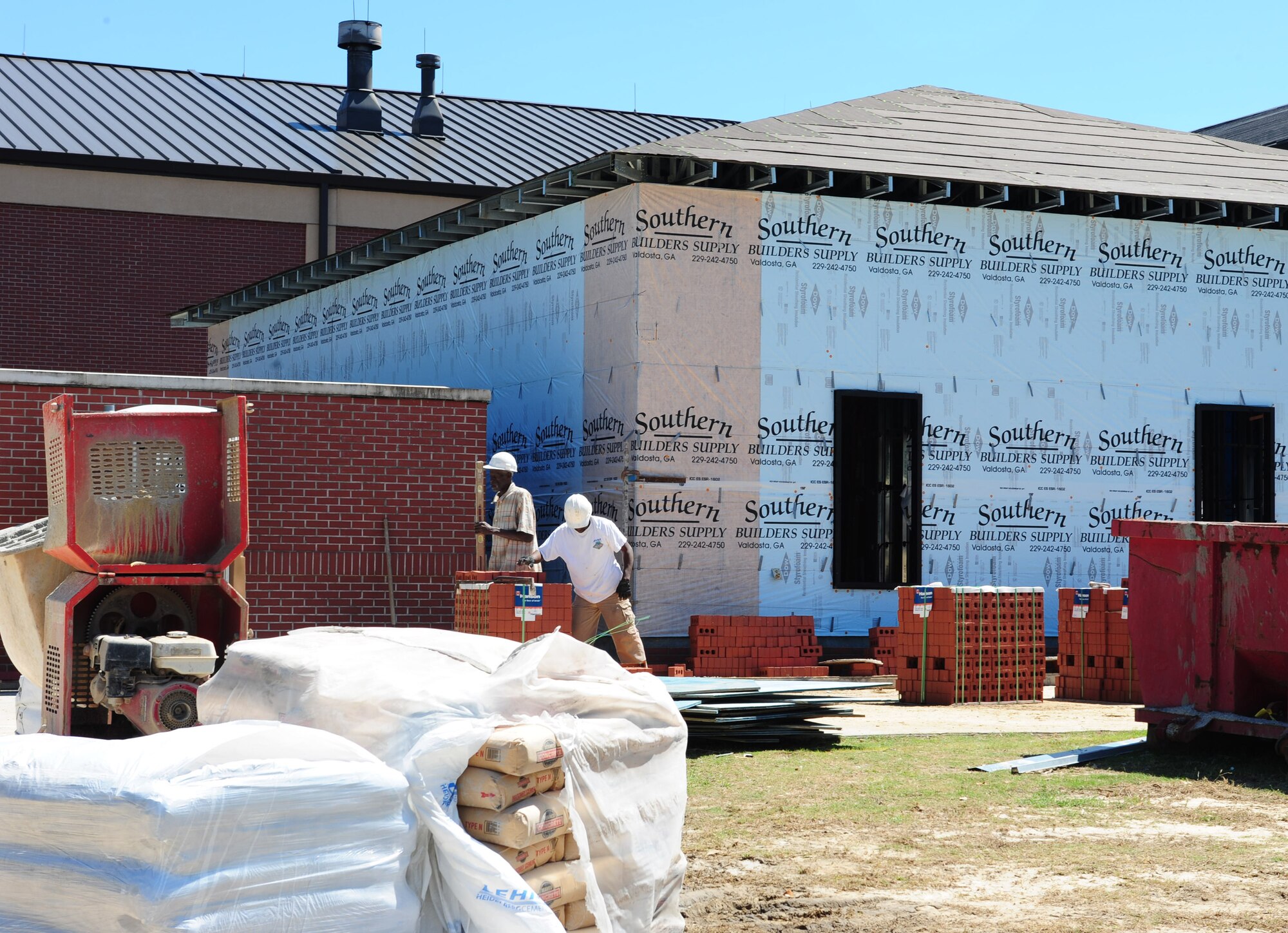 MOODY AIR FORCE BASE, Ga.-- Construction workers progress toward finishing the fitness assessment cell offices outside the Freedom I Fitness Center April 7. These offices will give the FAC staff members a proper working environment to test Airmen. (U.S. Air Force photo/Senior Airman Stephanie Mancha)(RELEASED)