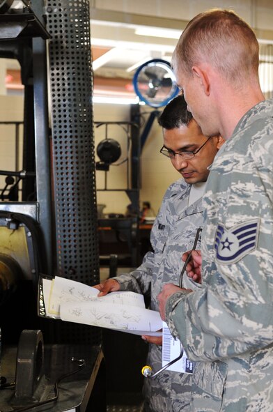 Staff Sgt. Jerry Williams and Tech. Sgt. Balram Ramdatt, 2nd Logistics Readiness Squadron vehicle maintenance technicians, inspect the fuel line on a vehicle before replacing it at Barksdale Air Force Base, La., April 7. The 2 LRS provides movement of personnel and their household goods as well as shipment of all cargo. They are responsible for all Barksdale deployment functions including cargo, mobility and ready-team training. (U.S. Air Force photo/Senior Airman Brittany Y. Bateman)(RELEASED)