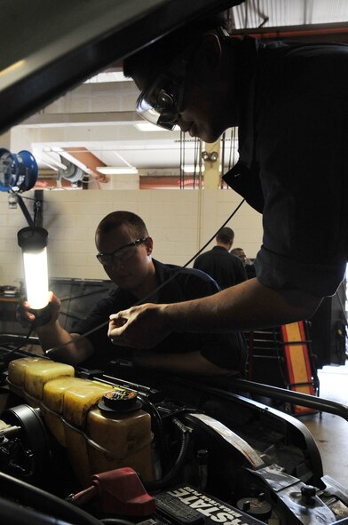 Airman 1st Class Lloyd Bartolome, 2nd Logistics Readiness Squadron vehicle maintenance technician, checks the oil level on a vehicle at Barksdale Air Force Base, La., April 7. The 2 LRS provides for movement of personnel and their household goods as well as shipment of all cargo. They are responsible for all Barksdale deployment functions, including cargo, mobility and ready-team training. (U.S. Air Force photo/Senior Airman Brittany Y. Bateman)(RELEASED)