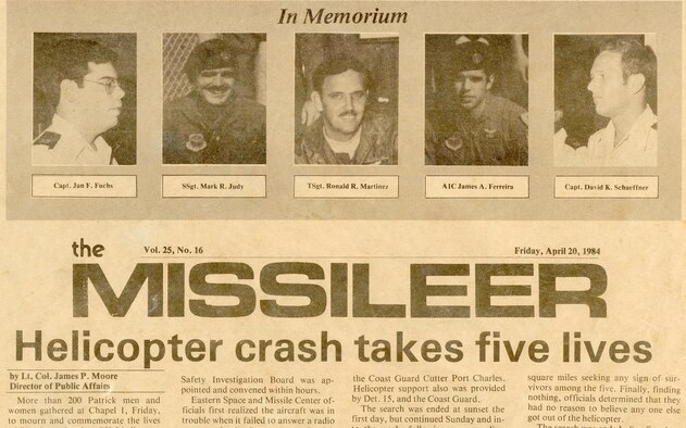 PATRICK AIR FORCE BASE, Fla. - Two drop zones which come into regular use by 920th Rescue Wing Airmen here, Judy and Ferreria DZ, are named after fallen pararescuemen whose passing took place 27 years ago today. A CH-3 helicopter crash off the coast of Patrick AFB took their lives along with three other Airmen. Lost were: Capts. Jan F. Fuchs and David Schaeffner, both with the Eastern Space and Missile Center, and Tech. Sgt. Ronald Martinez, Staff Sgt. Mark R. Judy and Airman 1st Class James Ferreria, all assigned to Detachment 15, 39th Aerospace Rescue and Recovery Wing, at the time.
