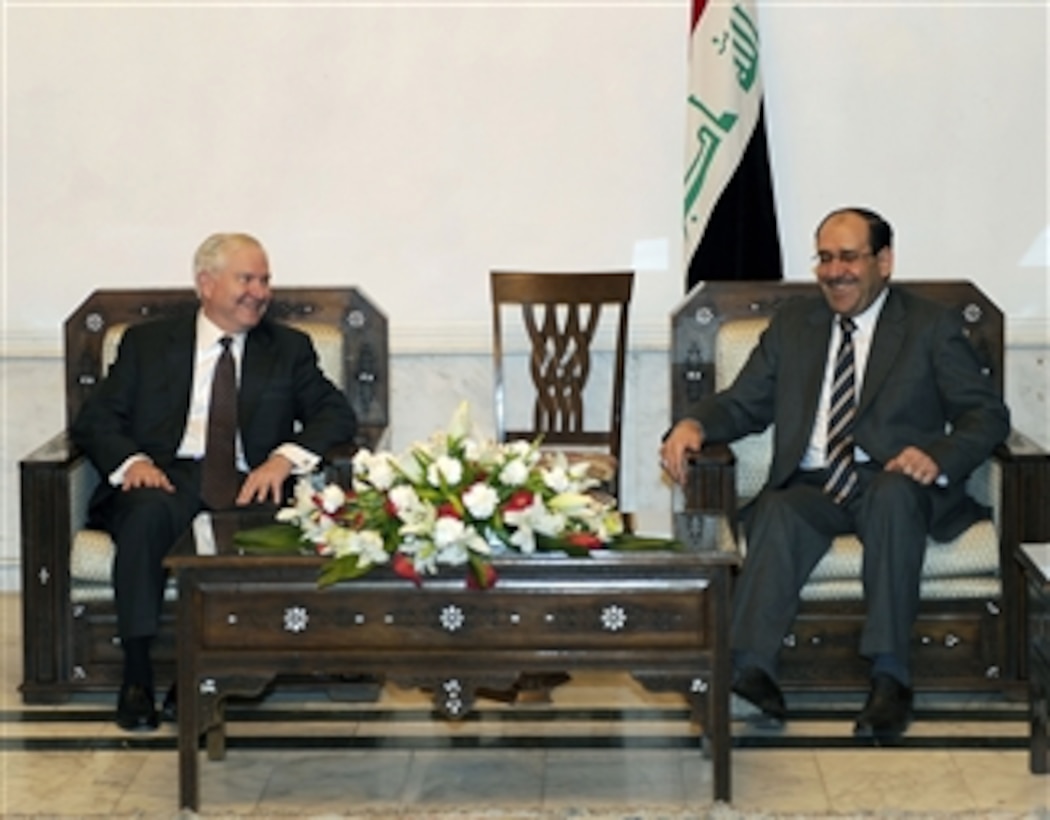 Secretary of Defense Robert M. Gates meets with Iraqi Prime Minister Maliki during a trip to Baghdad, Iraq, on April 7, 2011.  Gates also met with troops and held discussions while taking photos and giving out coins to deployed members.  