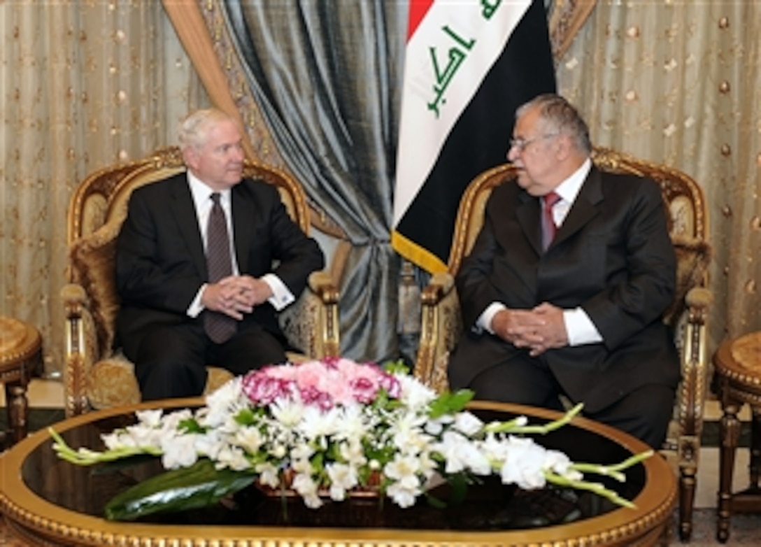 Secretary of Defense Robert M. Gates holds a meeting with Iraqi President Talabani during a trip to Baghdad, Iraq, on April 7, 2011.  Gates also met with troops and held discussions while taking photos and giving out coins to deployed members.  