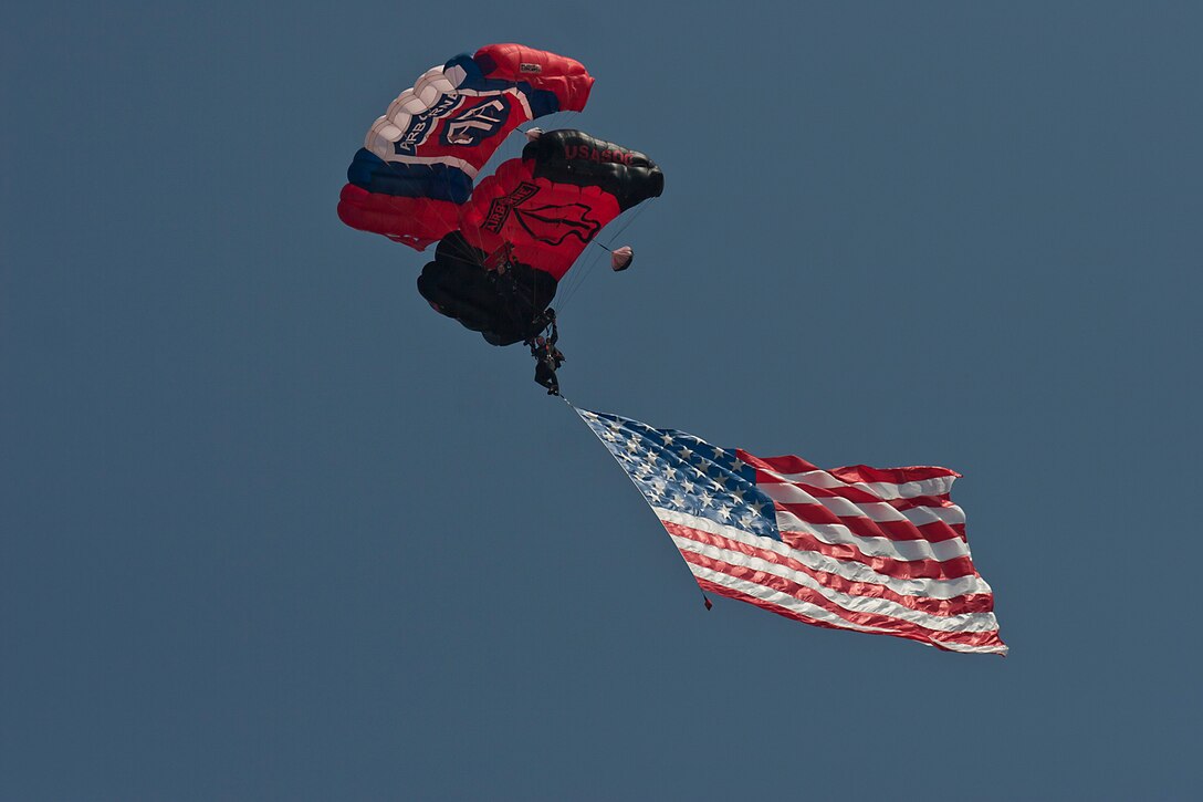 The Black Daggers U.S. Army Special Operations Command Parachute Demo Team  Drops from a C-17 Globemaster III with the U.S. Flag above nearly 100,000 spectators during the opening of the Charleston Air Expo 2011 at Joint Base Charleston April 9, 2011. (U.S. Air Force photo by Michael Dukes)