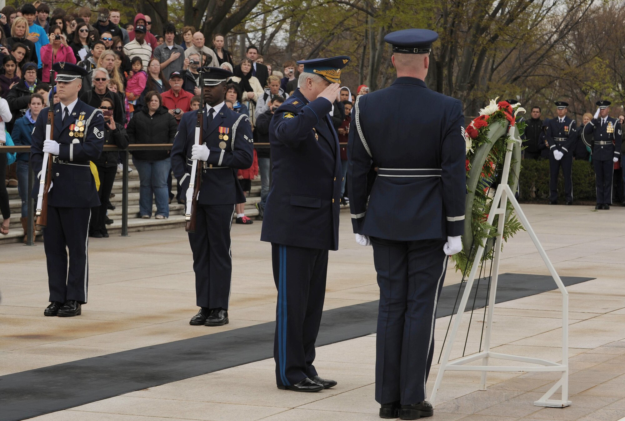 Gen. Col. Alexander Nikolyevich Zelin, commander-in-chief of the Russian air force, salutes during a wreath-laying ceremony at the Tomb of the Unknowns April 5, 2011, at Arlington National Cemetery, Va. The wreath was laid in honor of all fallen service members. (U.S. Air Force photo/Senior Airman Christopher Ruano)