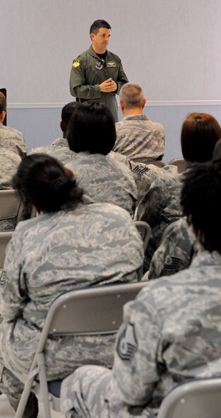 Lt. Col. Michael Thompson, 2nd Bomb Wing director of staff, speaks with Airmen and civilians of the 2 BW Staff Agencies during an All Call held at Chapel 2 on Barksdale Air Force Base, La., April 8. The All Call was held to discuss the way forward in the event of a government shutdown. (U.S. Air Force Photo/Senior Airman La'Shanette V. Garrett) (RELEASED)