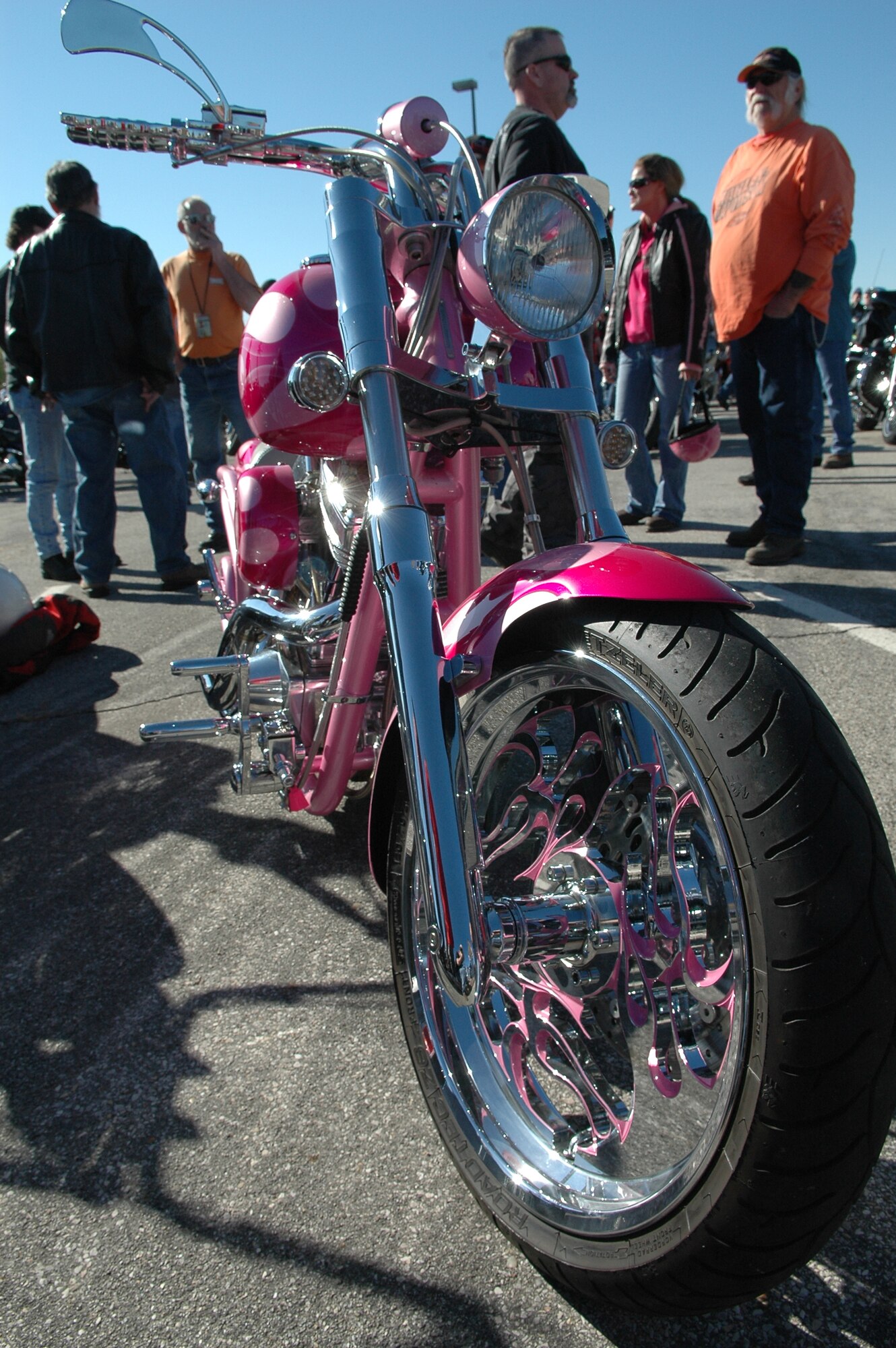 One of the benefits of the safety day was for riders together and view some of the unique motorcycles belonging to Tinker riders. One of the more unique motorcycles was brought by Pam Chamberlain, 564th Aircraft Maintenance Group, a hot pink 2007 Bourget, she bought two years ago from Phoenix, Ariz. (Air Force photo by Micah Garbarino)