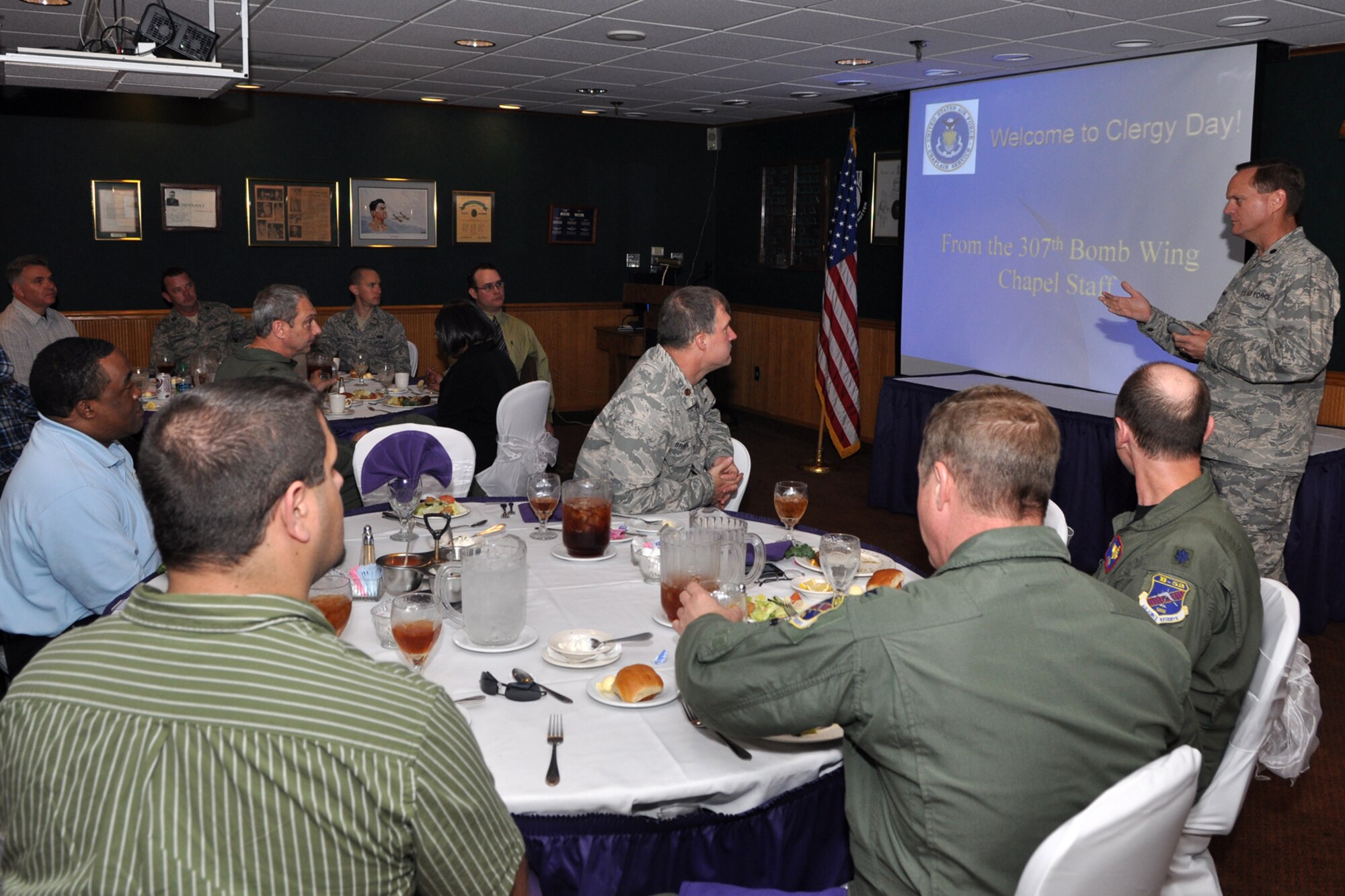 Lt. Col. Scott Adams, chaplain, 307th Bomb Wing, briefs members of the clergy about the responsibilities of the military chaplain during lunch at the Barksdale Club at Barksdale Air Force Base. La., April 1, 2011. The 307th BW showcased its mission capabilities over a four-day period for clergy members, local civic leaders as well as the employers of some the bomb wing’s Airmen during three back-to-back community support events March 30 – April 2, 2011. They were briefed on the B-52 Stratofortress and A-10 Thunderbolt II on the flightline before a mission briefing by General Mooney. Afterwards the clergy were treated to lunch and a briefing on military chaplain’s responsibilities by Lt. Col. Scott Adams, who is the 307th BW Chaplain. (U.S. Air Force photo/Tech. Sgt. Jeff Walston)