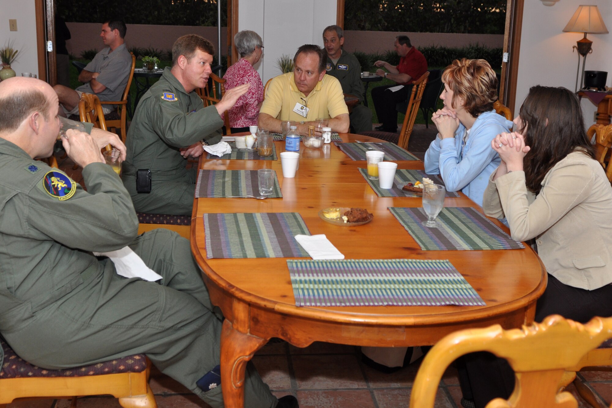 Col. Keith Schultz, commander, 307th Operations Group, captivates his audience of civic leaders while explaining flight operations of the B-52 Stratofortress during breakfast March 31, 2011. Colonel Schultz was one of the military escorts for the 307th Bomb Wing Civic Leader Tour to Patrick Air Force Base, Fla. The 307th BW from Barksdale Air Force Base, La., showcased its mission capabilities over a four-day period for the civic leaders as well as some employers and clergy of some the bomb wing’s Airmen during three back-to-back community support events March 30 – April 2, 2011. The Civic leaders witnessed the refueling of A-10 Thunderbolts during their flight to Patrick AFB. Once they arrived, they received briefings about the 920th Rescue Wing, 45th Space Wing, and the 301st Rescue Squadron. (U.S. Air Force photo/Tech. Sgt. Jeff Walston)