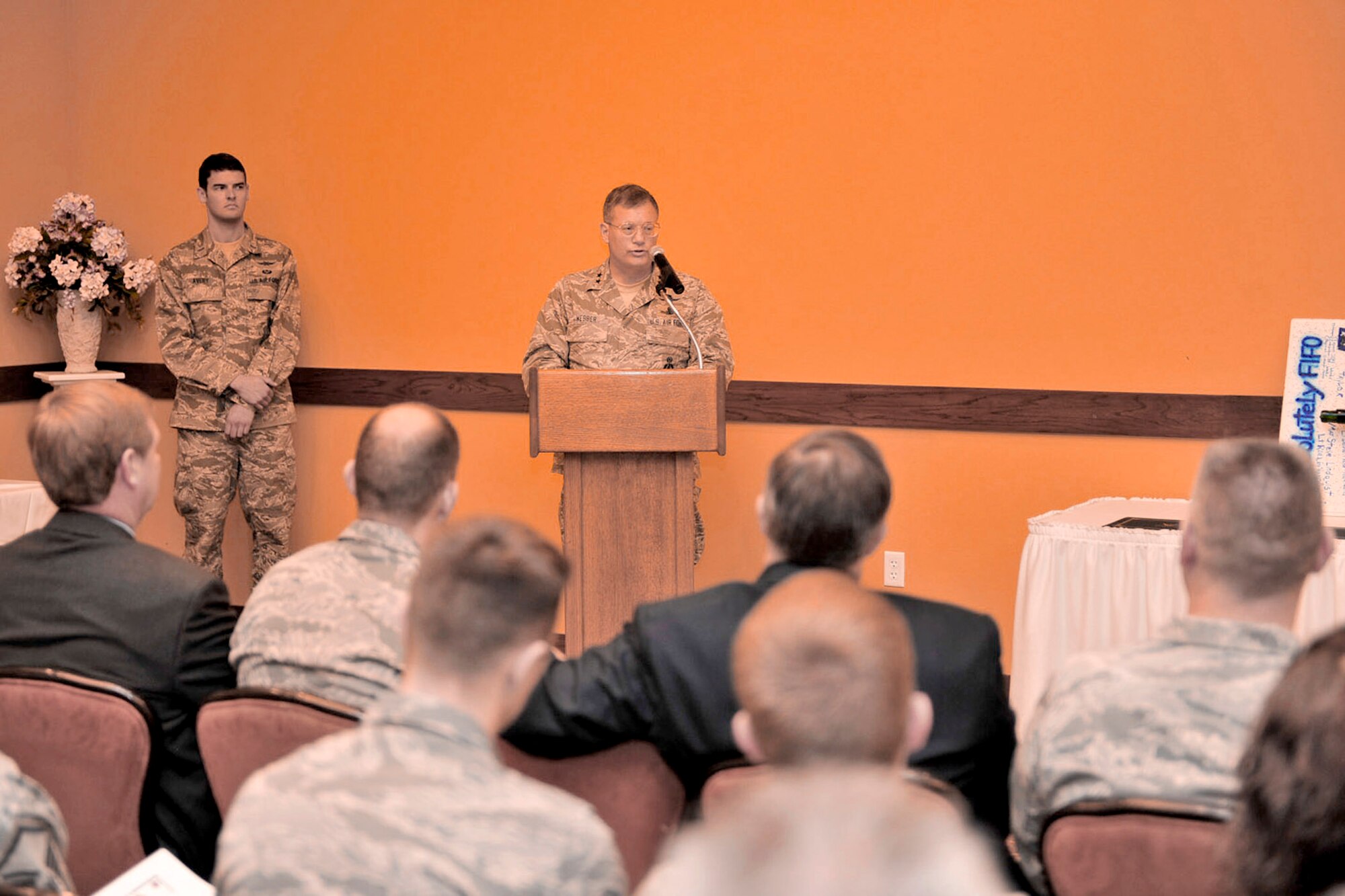 Maj. Gen. Richard Webber speaks to Intermediate Network Warfare Training graduates March 31, 2011, at Hurlburt Field Air Force Base, Fla. The graduation marks the first INWT class and serves as initial-qualification training for cyber defense operators. General Webber is the 24th Air Force commander. (U.S. Air Force photo by Staff Sgt. Stephanie Jacobs)