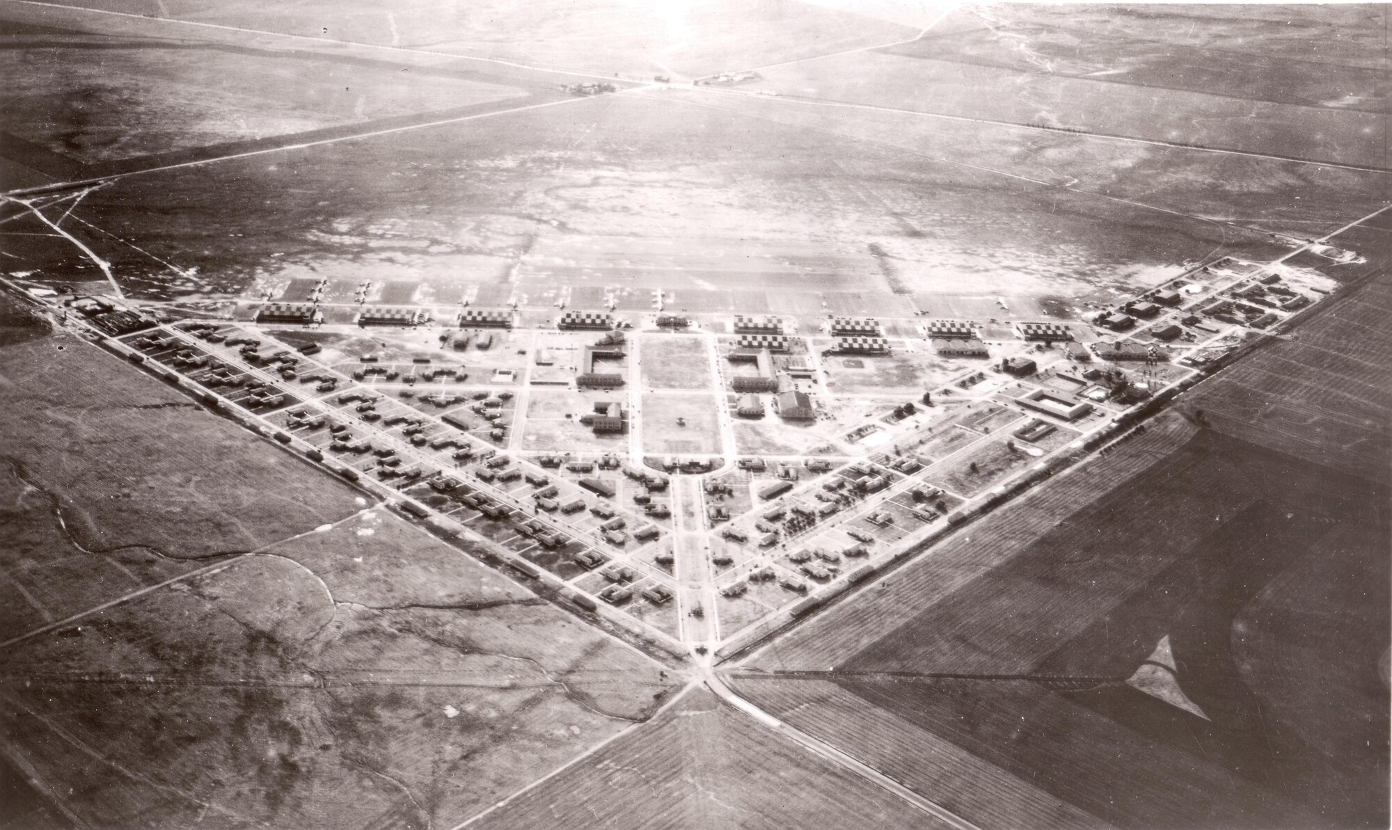 The geometric layout of March Field is particularly evident in this spectacular aerial photograph taken around 1932.  (Photo courtesy of March Field Air Museum)