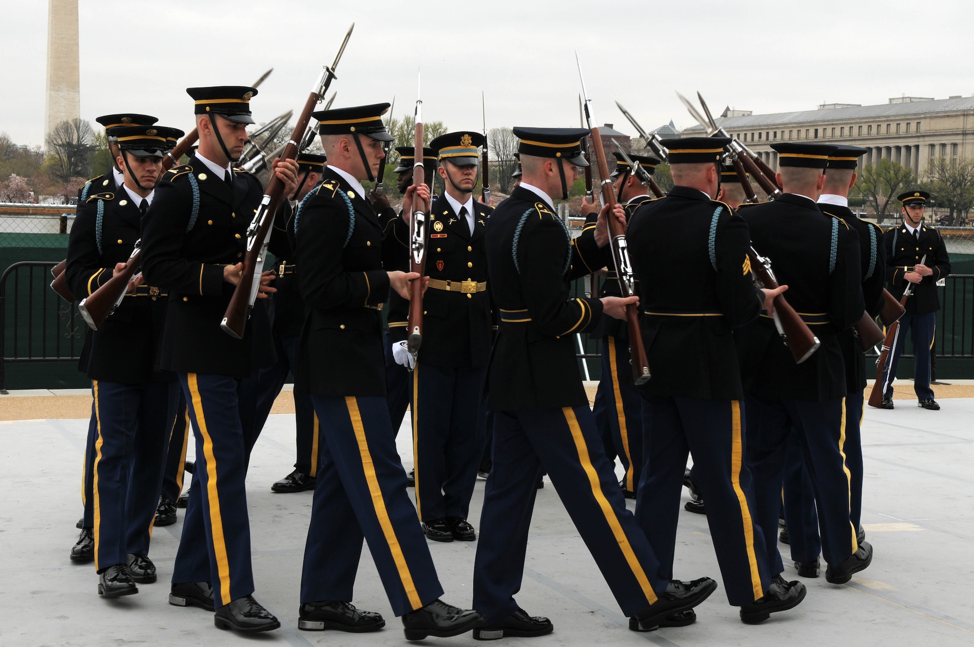The U.S. Army Honor Guard drill team, competes Apr. 9 at the Jefferson Memorial, Washington D.C. The 4th Annual Joint Service Drill Exhibition show cased the strength, dexterity and bearing of the men and women of the U.S. Armed Forces. The U.S. Army performed without fault and won the competition for the second year in a row. (U.S. Air Force photo by Senior Airman Christopher Ruano)