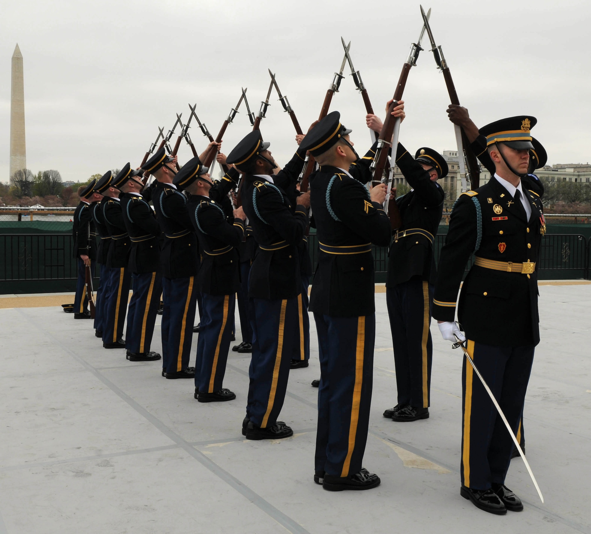 The U.S. Army Honor Guard drill team competes April 9 at the Jefferson Memorial, Washington D.C. The 4th Annual Joint Service Drill Exhibition showcased the strength, dexterity and bearing of the men and women of the U.S. Armed Forces. The U.S. Army performed without fault and won the competition for the second year in a row. (U.S. Air Force photo by Senior Airman Christopher Ruano)