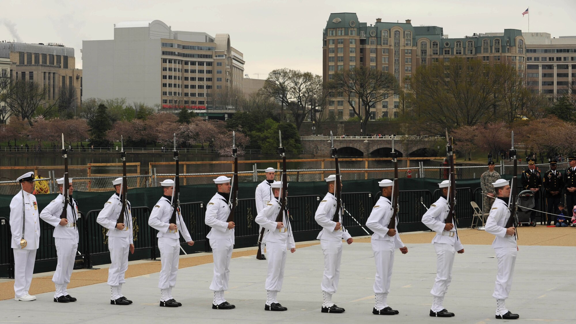 The U.S. Navy Honor Guard drill team competes April 9 at the Jefferson Memorial, Washington D.C. The 4th Annual Joint Service Drill Exhibition showcased the strength, dexterity and bearing of the men and women of the U.S. Armed Forces. (U.S. Air Force photo by Senior Airman Christopher Ruano)