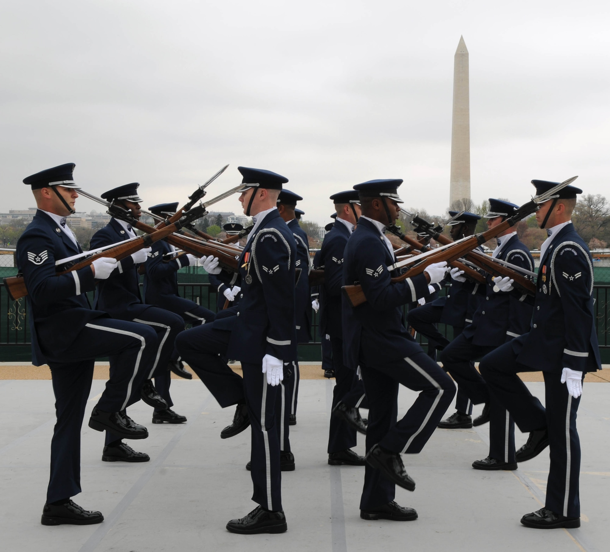 The U.S. Air Force Honor Guard drill team, competes April 9 at the Jefferson Memorial, Washington D.C. The 4th Annual Joint Service Drill Exhibition showcased the strength, dexterity and bearing of the men and women of the U.S. Armed Forces. (U.S. Air Force photo by Senior Airman Christopher Ruano)