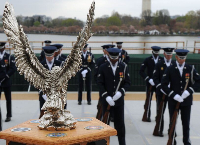 The U.S. Air Force Honor Guard drill team competes April 9 at the Jefferson Memorial, Washington D.C. The 4th Annual Joint Service Drill Exhibition showcased the strength, dexterity and bearing of the men and women of the U.S. Armed Forces. (U.S. Air Force photo by Senior Airman Christopher Ruano)