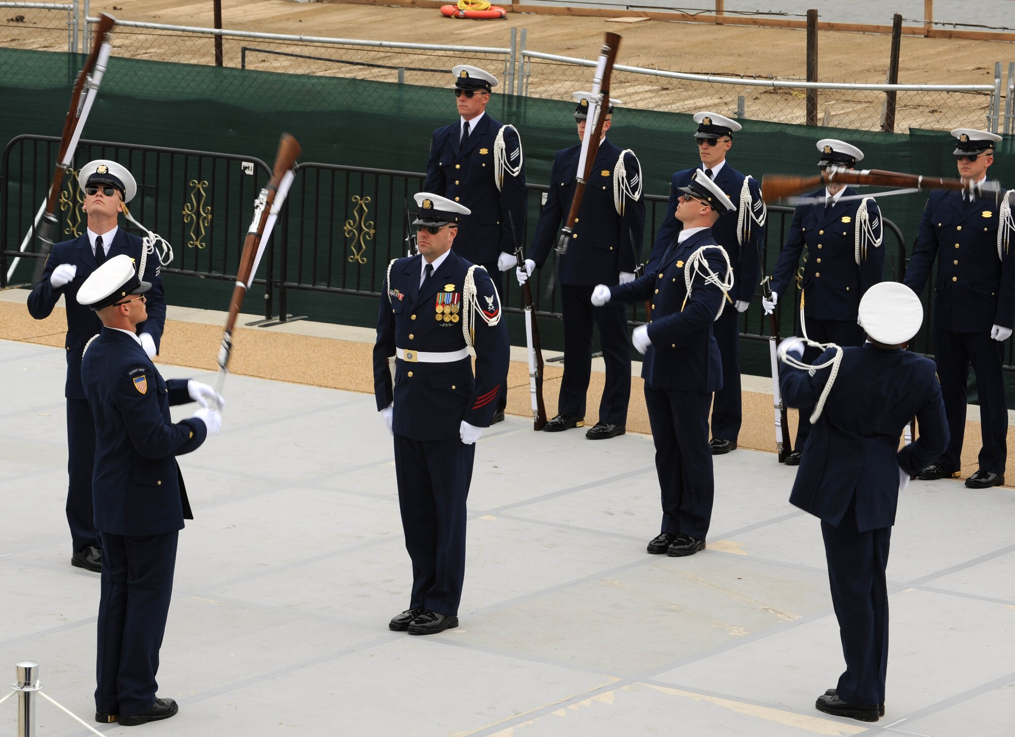 The U.S. Coast Guard Honor Guard drill team competes April 9 at the Jefferson Memorial, Washington D.C. The 4th Annual Joint Service Drill Exhibition showcased the strength, dexterity and bearing of the men and women of the U.S. Armed Forces. (U.S. Air Force photo by Senior Airman Christopher Ruano)
