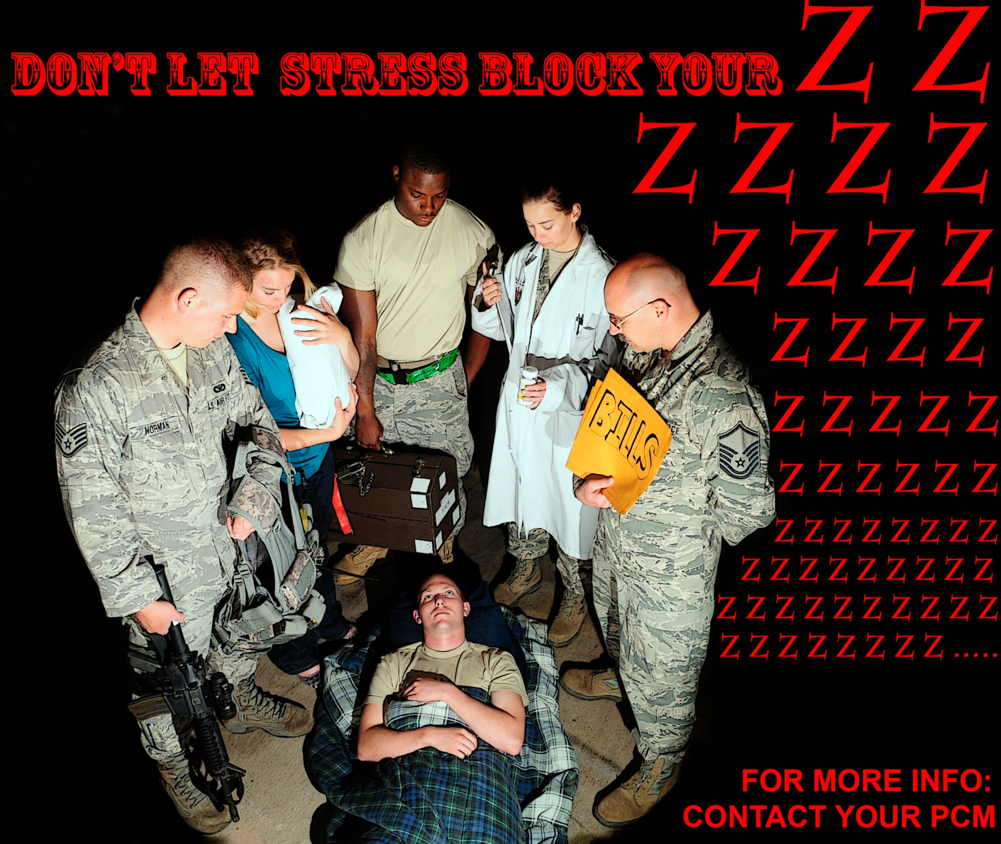 This photo illustration was produced to bring awareness to practice good sleep hygiene and identify some of the stresses that cause sleeplessness. (U.S. Air Force photo and graphic by Senior Airman Ethan Morgan)